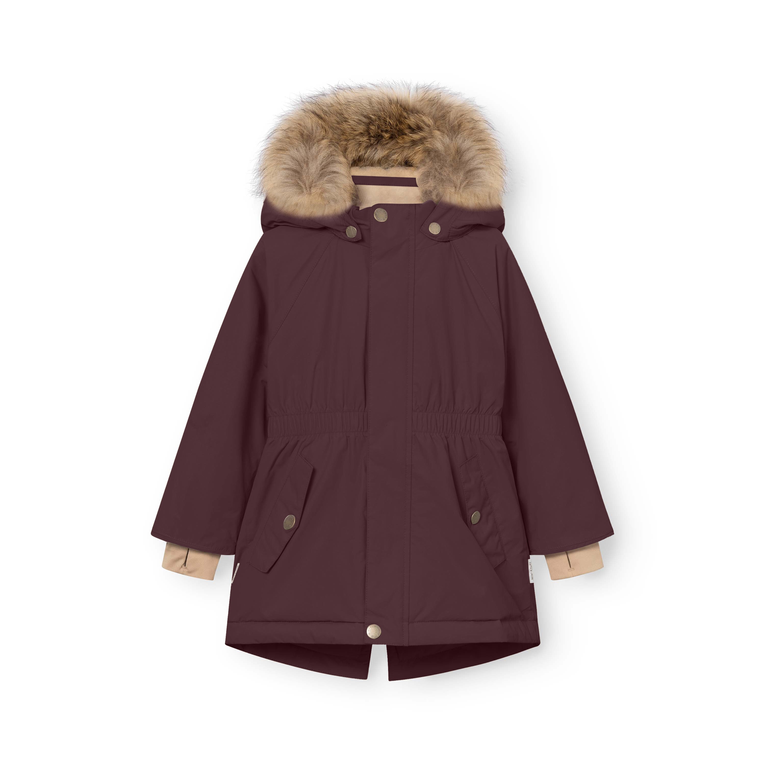 MATVIKANIA girls' winter jacket in deep burgundy with a real fur-trimmed hood, elasticated waist, front snap-button closure and snow cuffs visible at the sleeves, displayed flat on a white background.