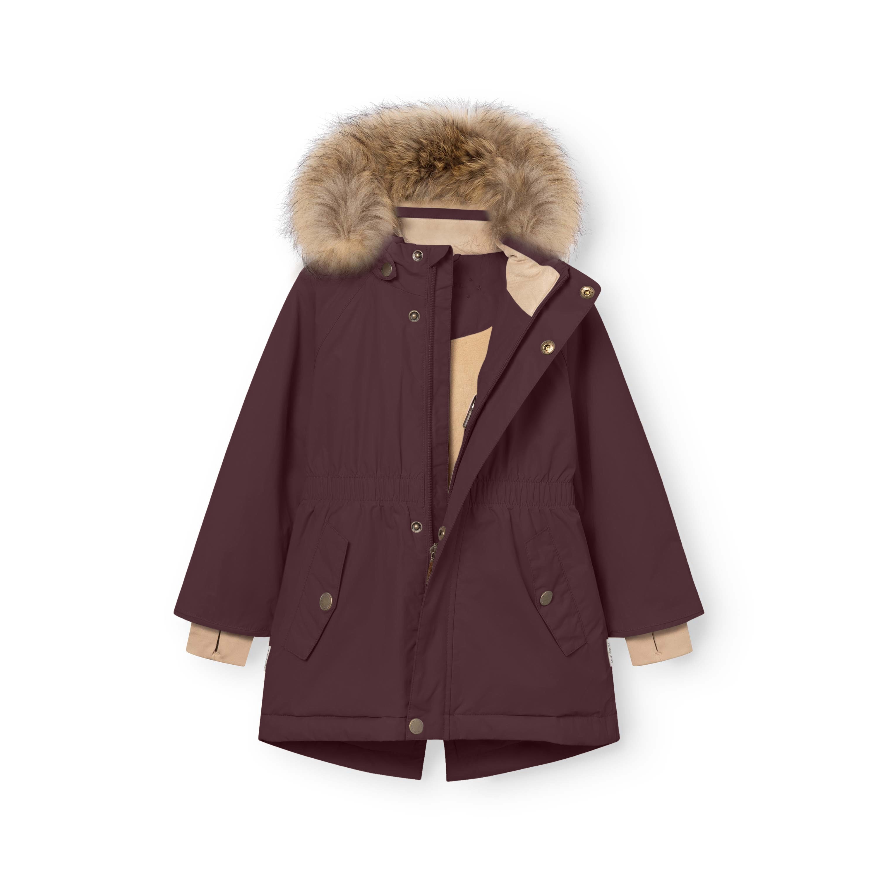 MATVIKANIA burgundy winter jacket with the hood open and folded forward, displaying the detachable real fur trim, beige fleece lining, elasticated waist with snap fastening and front pocket details on a white background.