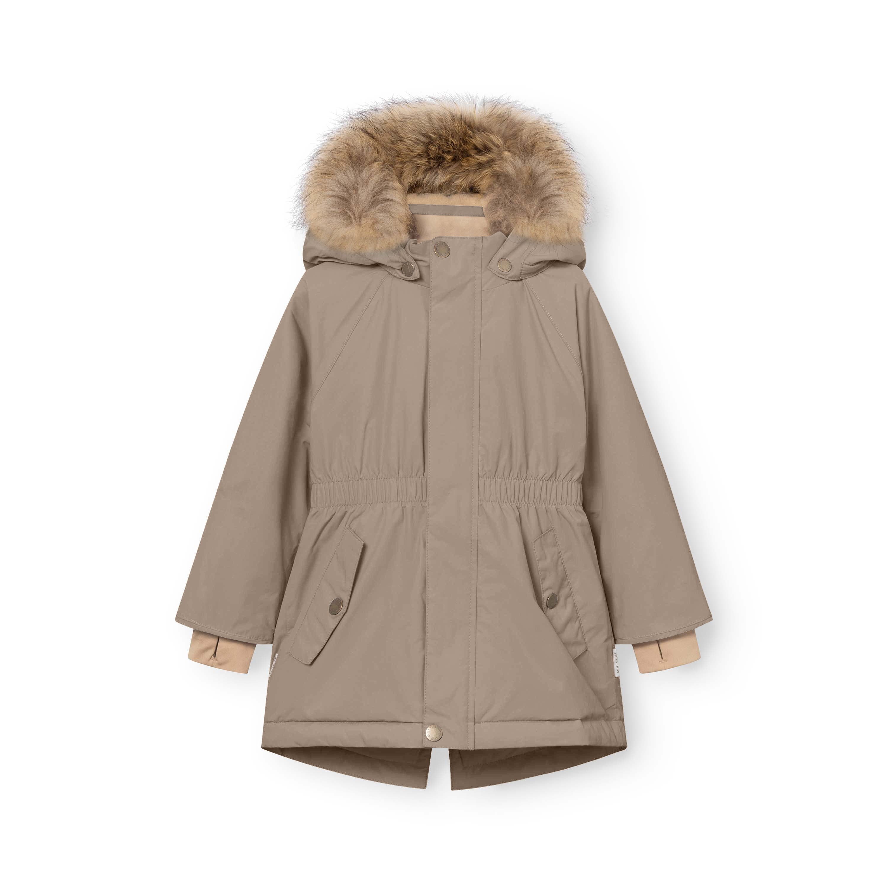 MATVIKANIA girls' winter jacket in taupe with a real fur-trimmed hood, elasticated waist, front pockets and longer back hem, displayed flat on a white background.