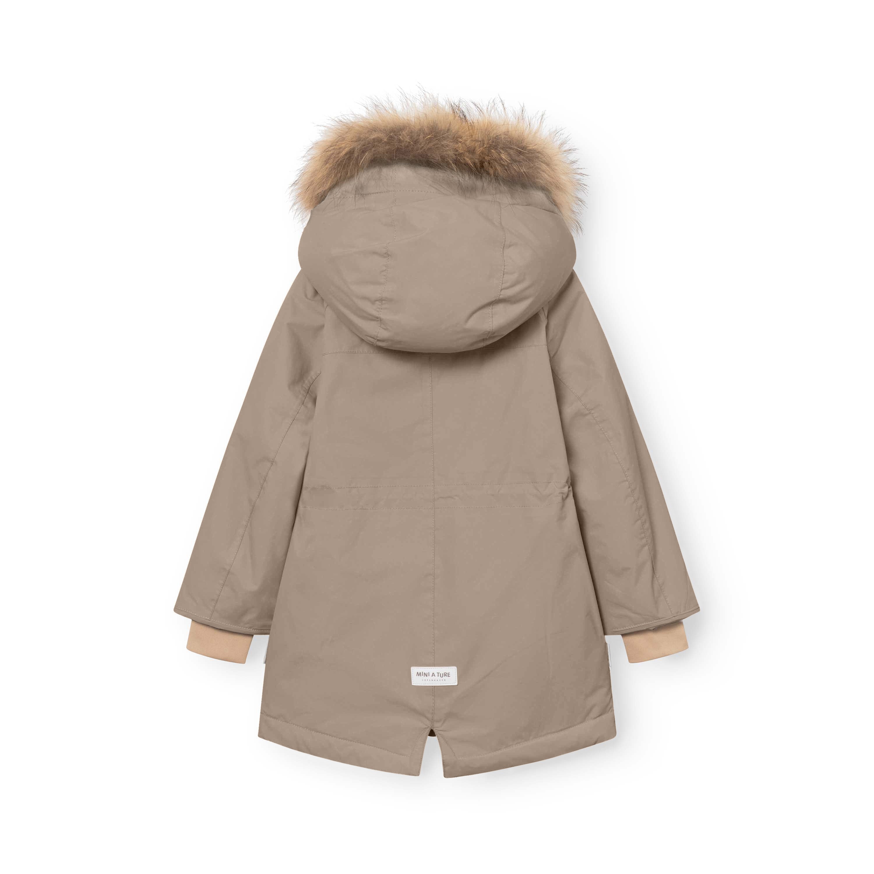 MATVIKANIA taupe winter jacket viewed from the back, showing the detachable real fur-trimmed hood, extended rear hem with centre vent, MINI A TURE logo label and shaped waist construction on a white background.