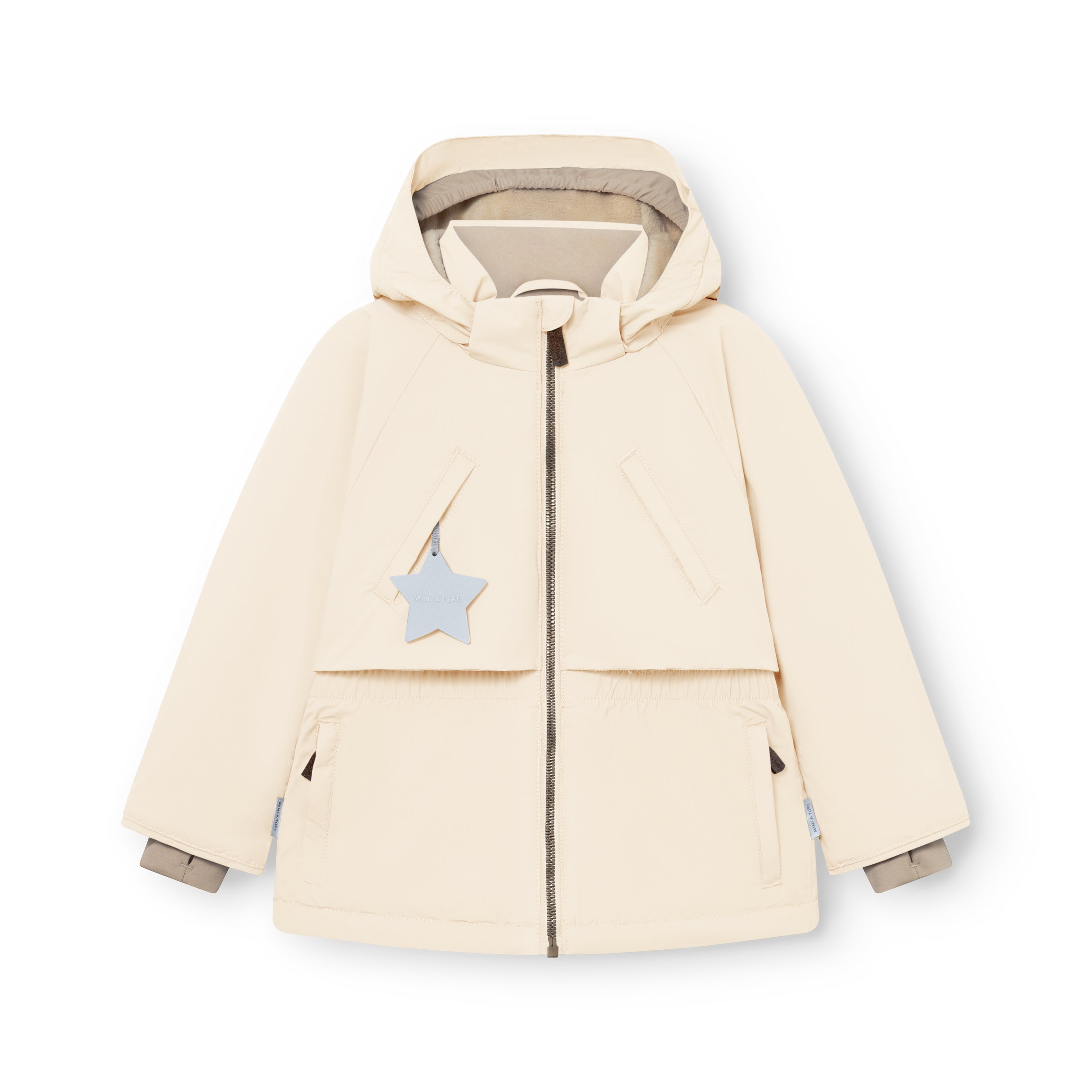 MATALGEANA winter jacket in cream with detachable hood, reflective star zipper pull, elasticated waist panel, beige fleece-lined cuffs visible at the sleeves, and front zip pockets, displayed flat on a white background.