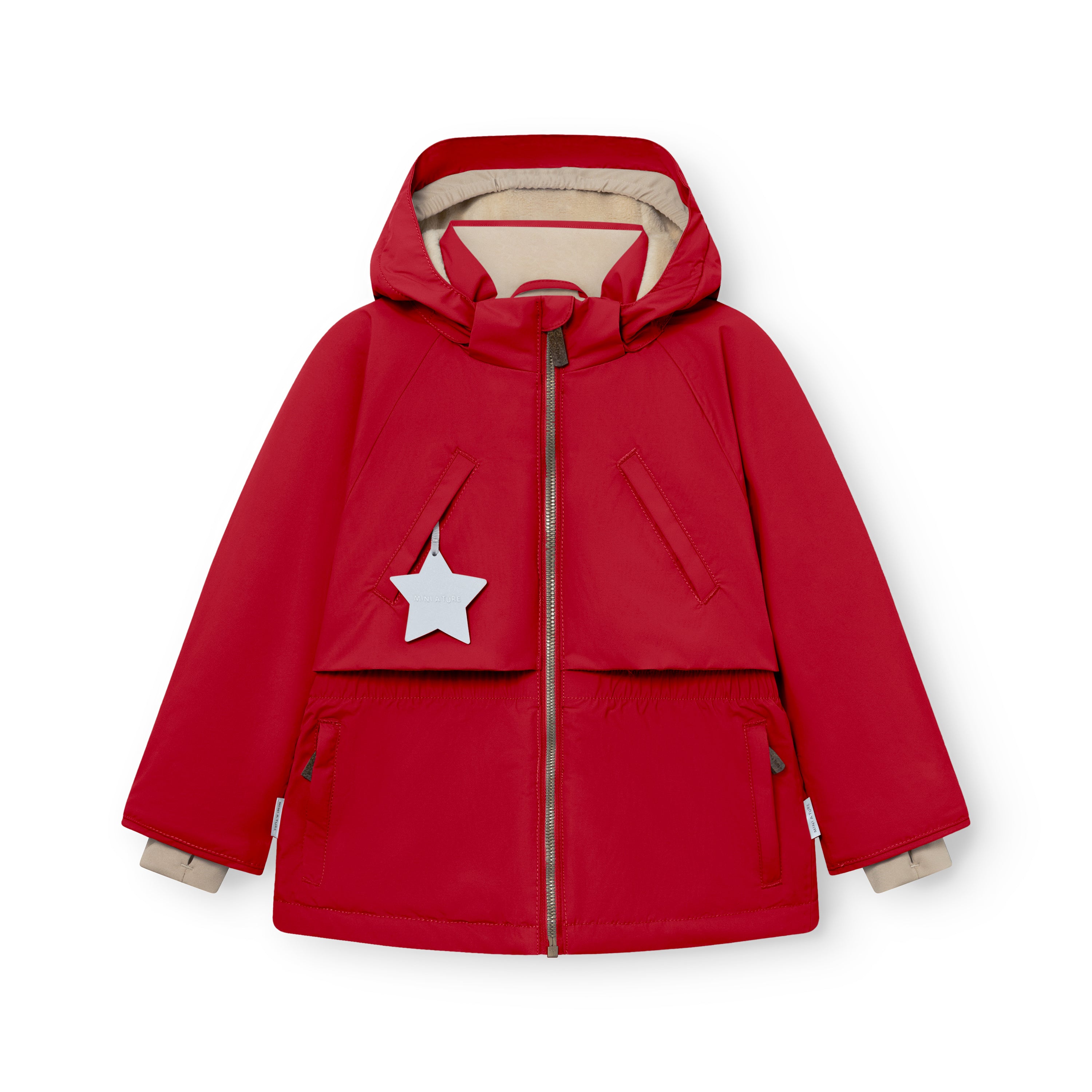 MATALGEANA winter jacket in red with detachable hood, elasticated waist panel, reflective star zipper pull, beige fleece-lined cuffs, front zip pockets, and cape shoulder detail on the waterproof recycled polyamide shell, displayed flat on a white background.