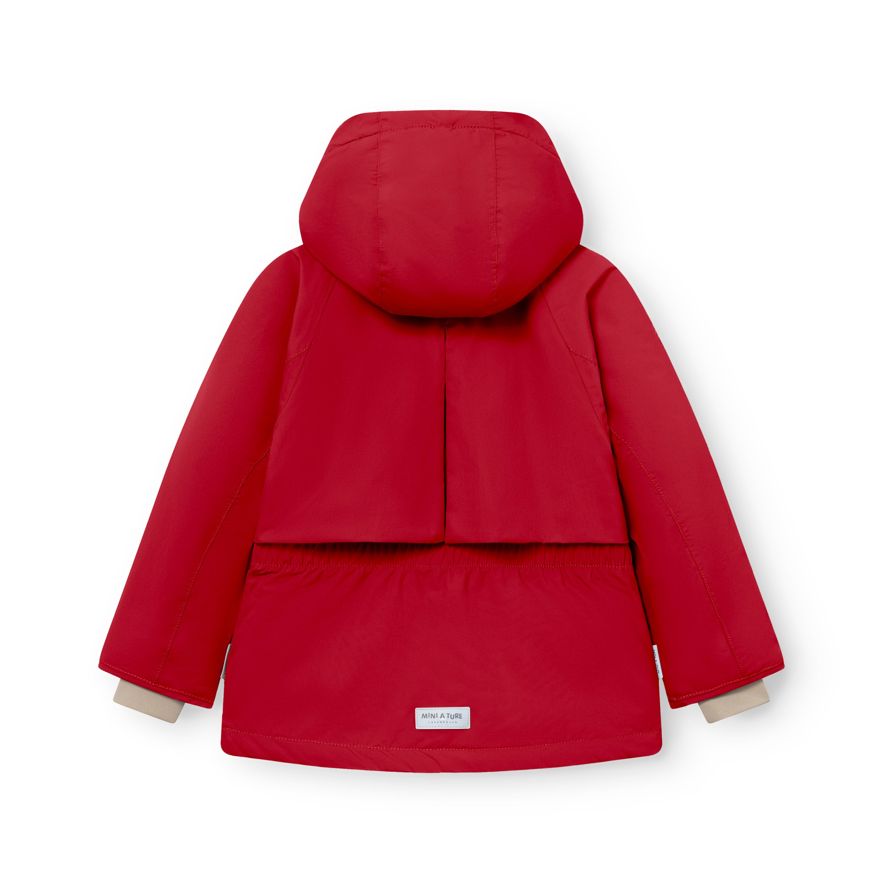 MATALGEANA winter jacket in red viewed from the back, showing the detachable hood with snap button fastenings, cape shoulder overlay, centre back vent, elasticated waist panel, beige fleece-lined cuffs at the sleeves, and MINI A TURE woven label at the hem on the waterproof recycled polyamide shell.