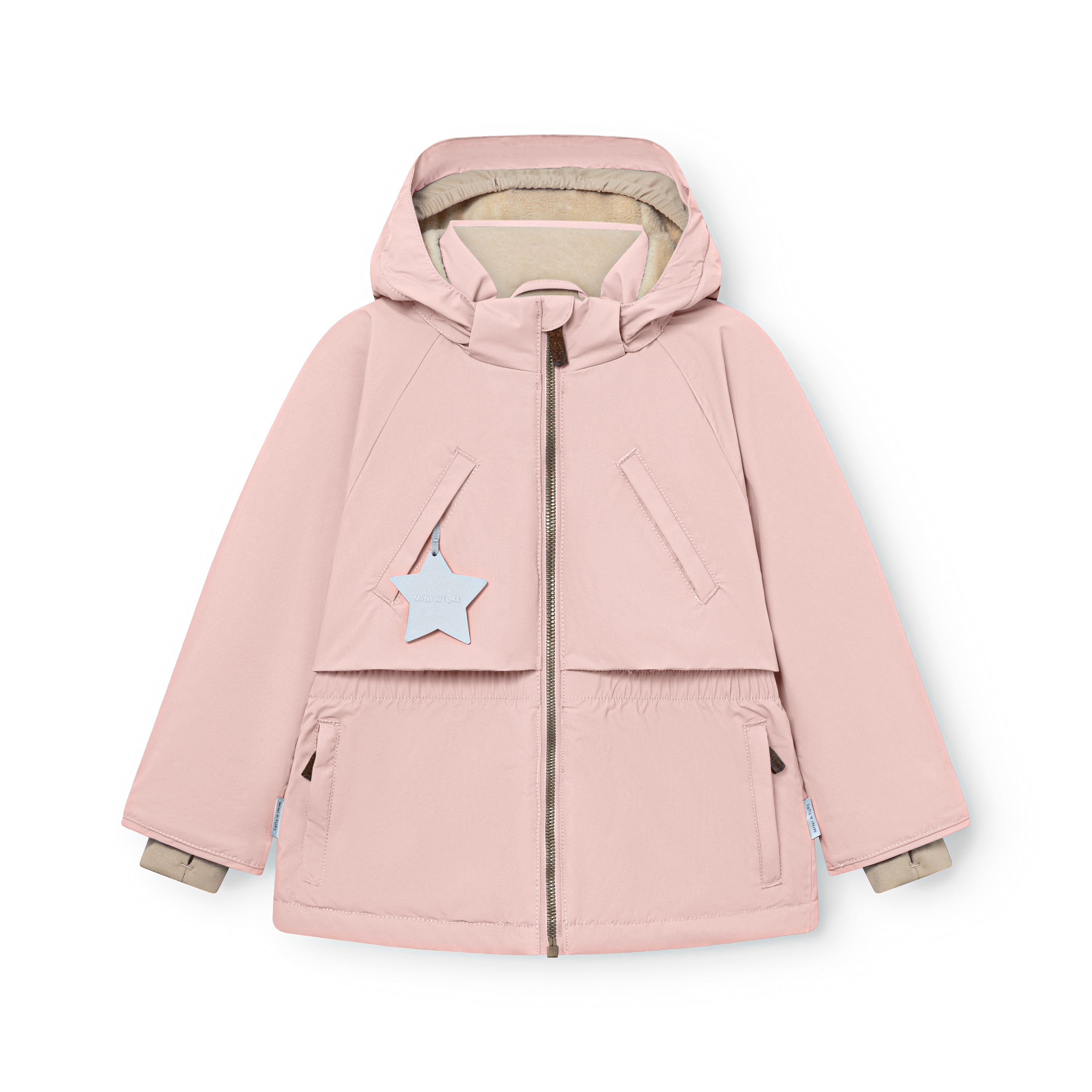 MATALGEANA winter jacket in soft pink with a detachable hood, elasticated waist panel, reflective star zipper pull, fleece-lined collar, and snow cuffs visible at the sleeves, displayed flat on a white background.