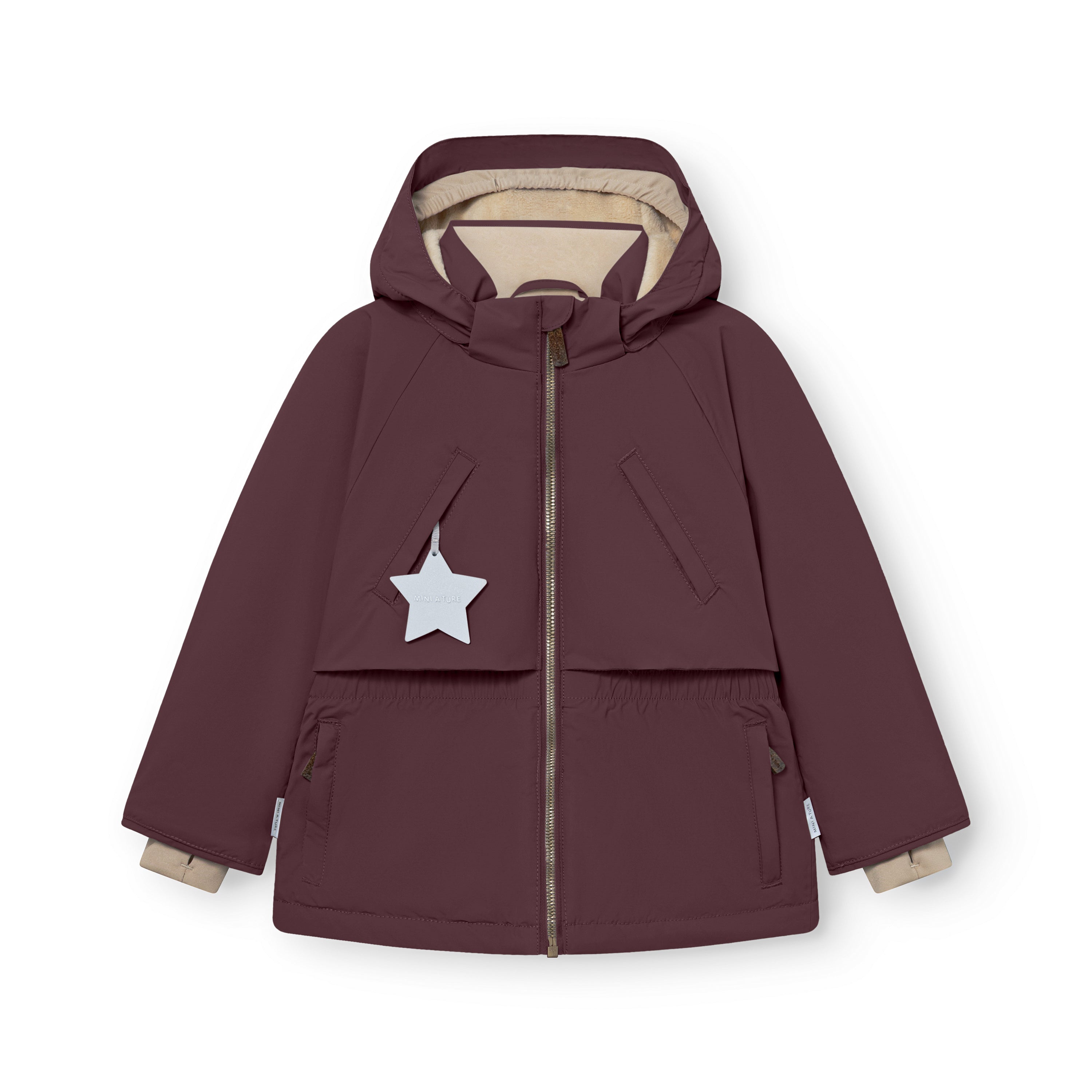 MATALGEANA girls' winter jacket in burgundy with a detachable hood, cape shoulder detail, elasticated waist, fleece lining visible at the collar, and a reflective star zipper pull, displayed flat against a white background.