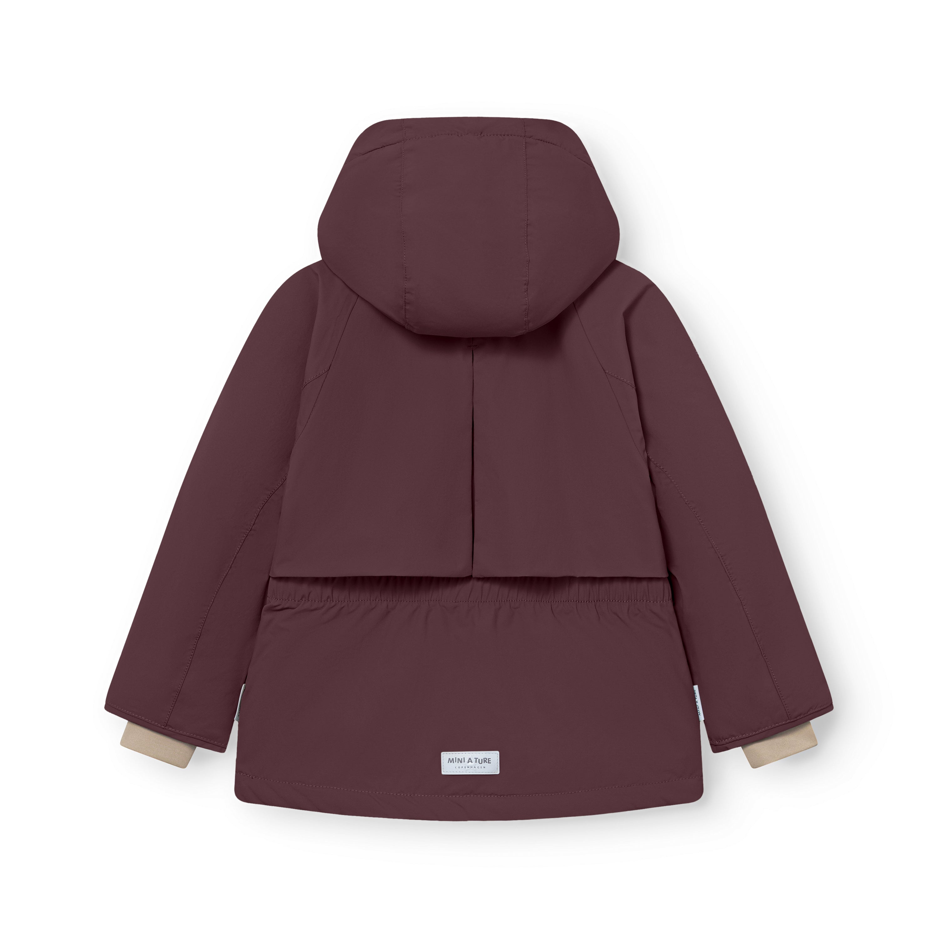 MATALGEANA winter jacket shown from the back in burgundy, displaying the cape shoulder detail, elasticated waist panel, detachable hood with snap buttons, and MINI A TURE label at the hem.