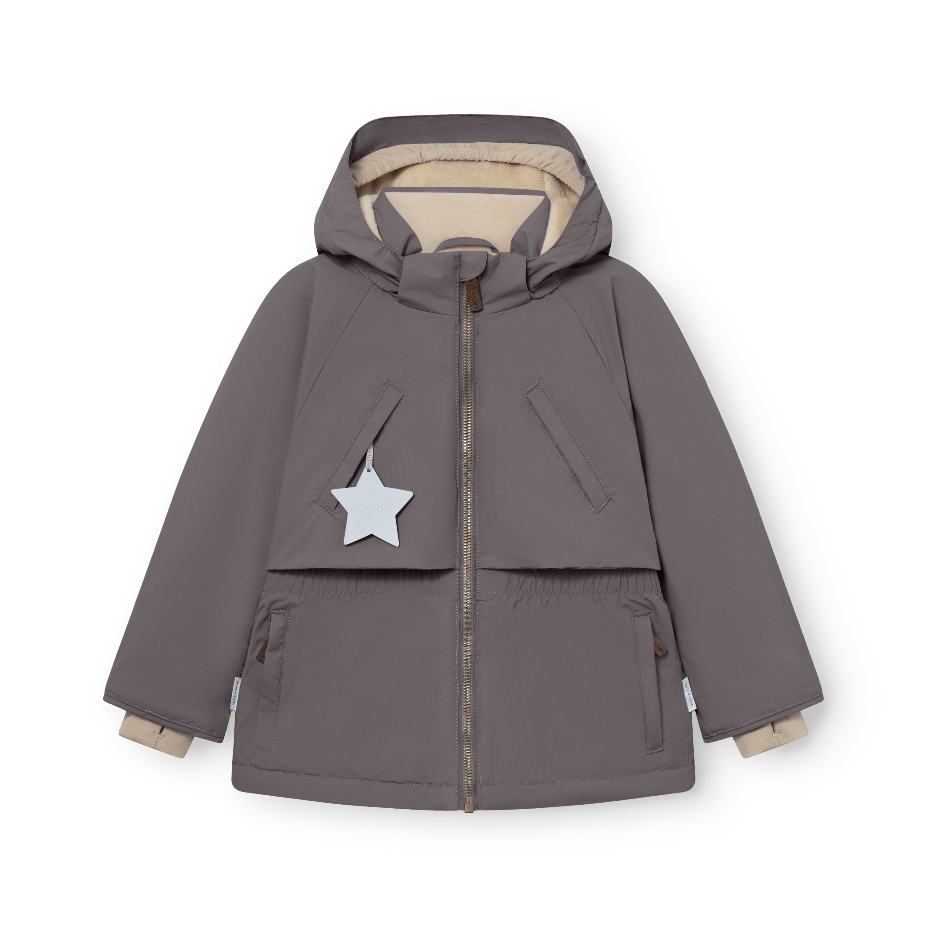 MATALGEANA winter jacket in grey with detachable hood, reflective star zipper pull on the left pocket, elasticated waist panel, beige fleece-lined cuffs, front zip pockets, and cape shoulder detail on the waterproof recycled polyamide shell, displayed flat on a white background.