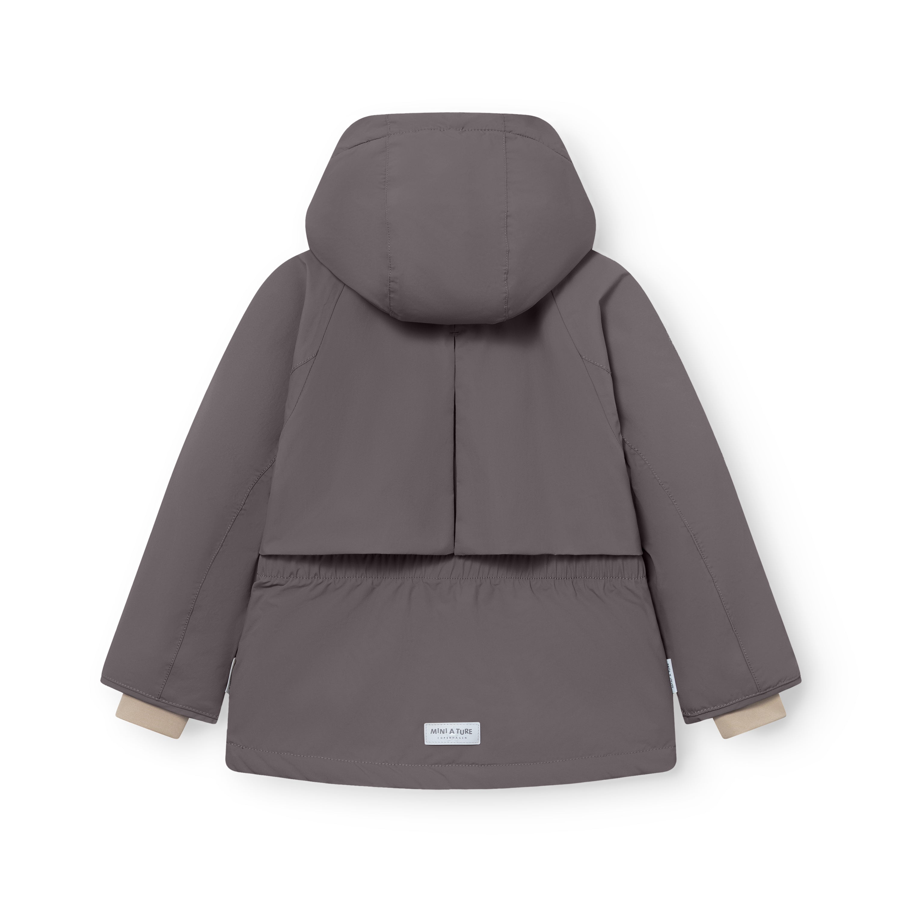 MATALGEANA winter jacket in grey viewed from the back, showing the detachable hood, centre back vent beneath the cape shoulder overlay, elasticated waist panel, beige fleece-lined cuffs, and MINI A TURE woven label at the hem on the waterproof recycled polyamide shell.