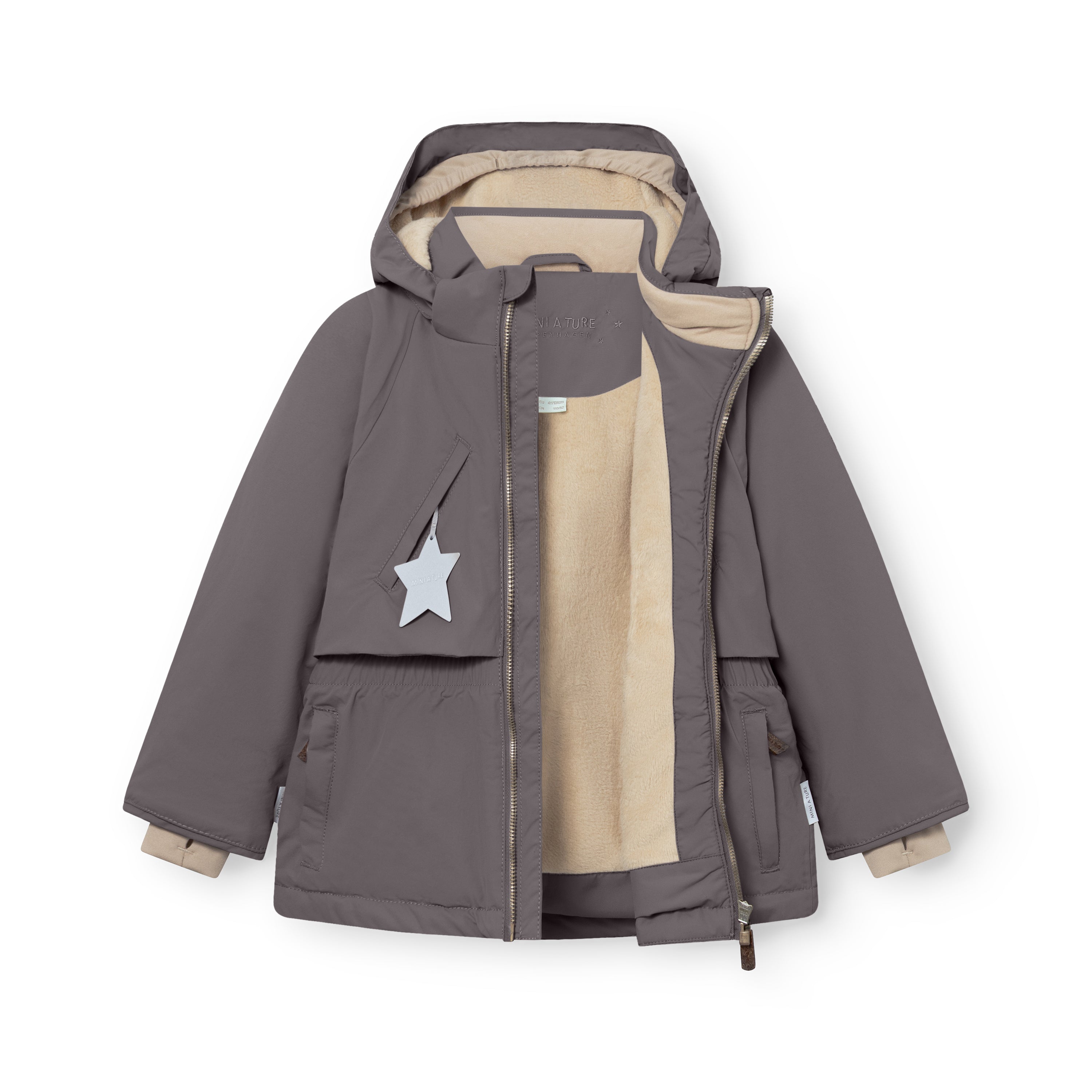 MATALGEANA winter jacket in grey shown fully open to display the beige fleece lining, THERMOLITE insulation, internal snow cuffs at the sleeves, detachable hood, reflective star on the left pocket flap, and the waterproof recycled polyamide shell with elasticated waist.