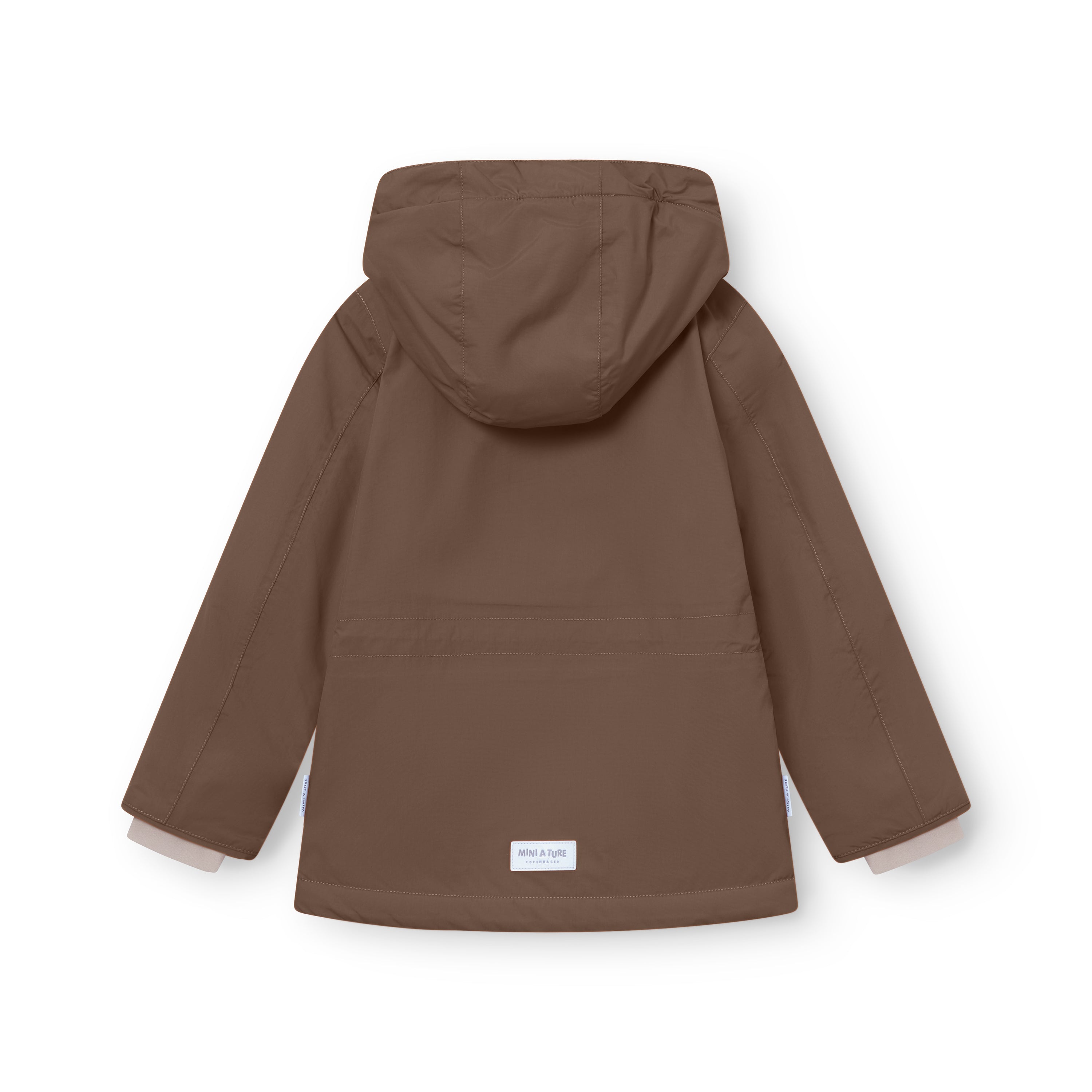 Back view of MATADYANKO fleece lined winter jacket in warm brown, displaying the detachable hood with snap button fastening, improved sleeve shaping for freedom of movement, waterproof recycled polyamide shell and MINI A TURE label at the hem.