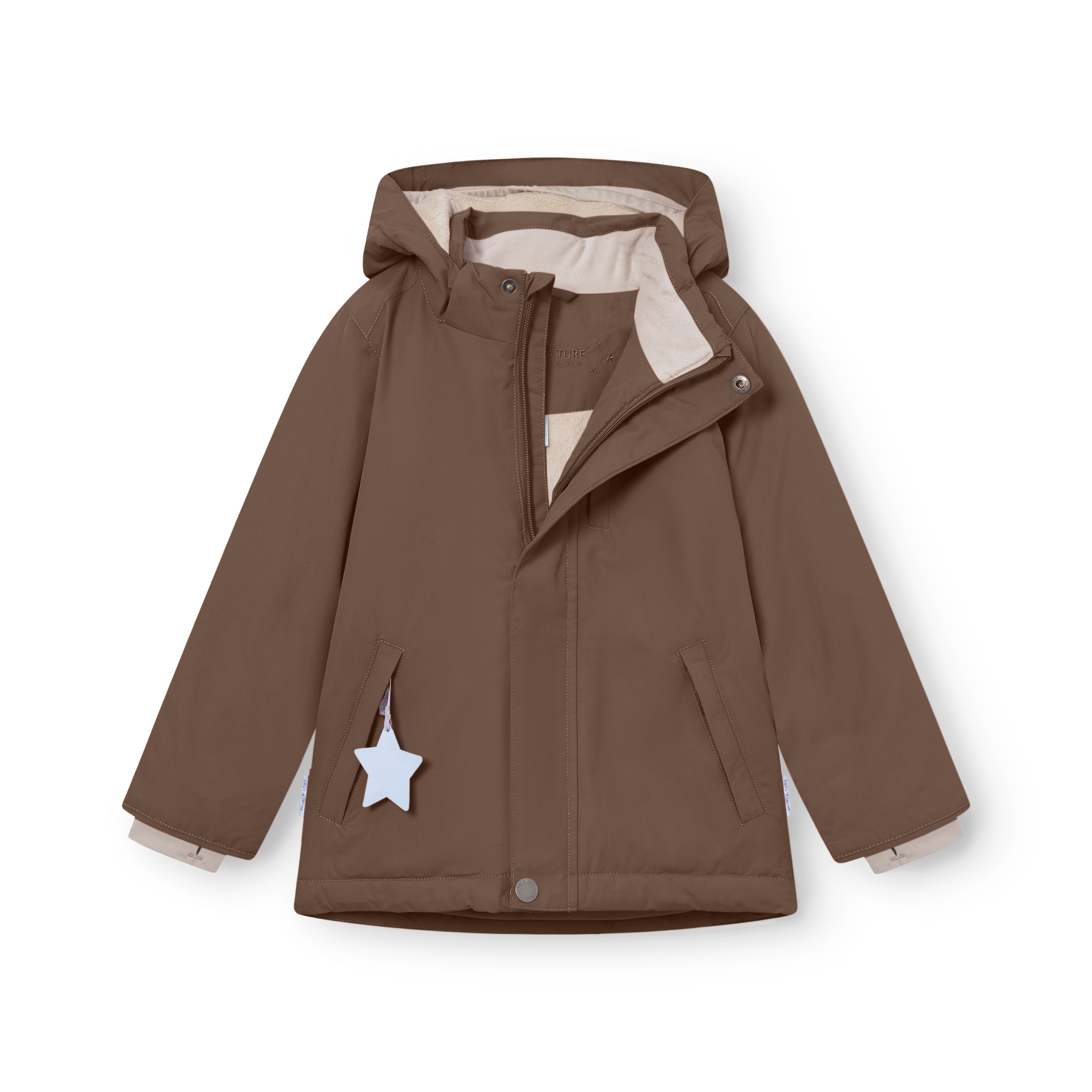 MATADYANKO fleece lined winter jacket in warm brown shown partially open to reveal the beige fleece lining, with detachable hood, angled hand pockets featuring white reflective star zip pulls, and improved sleeve shaping for freedom of movement.