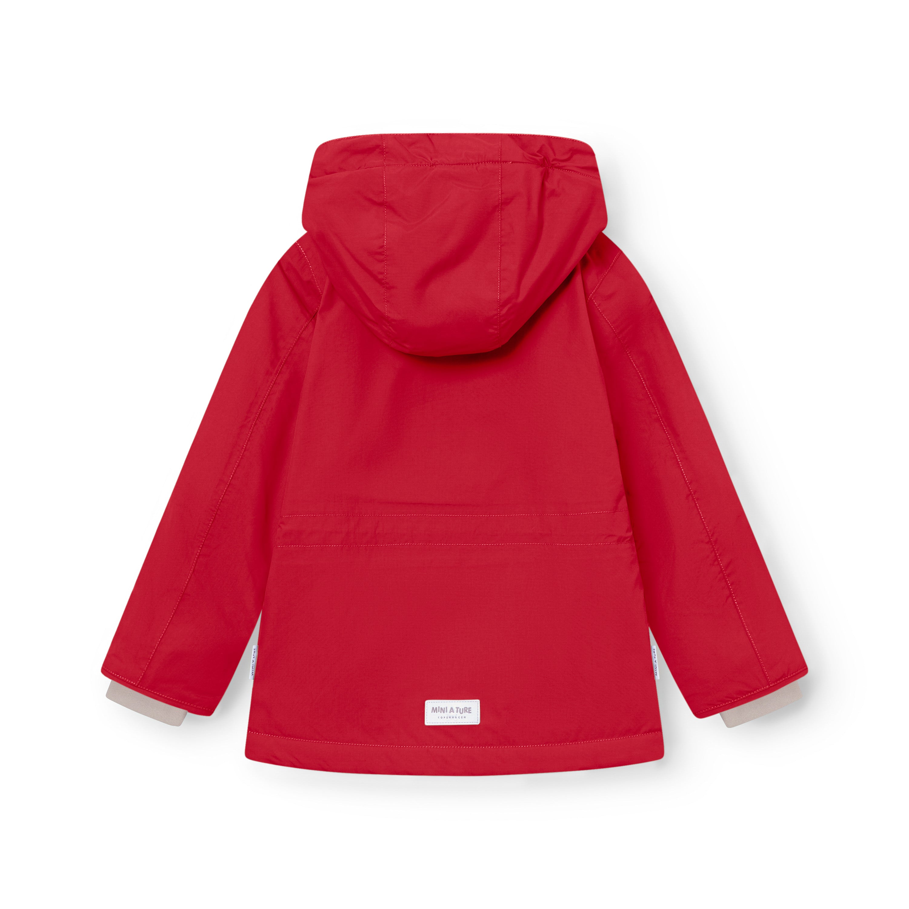 Back view of MATADYANKO fleece lined winter jacket in red, displaying the detachable hood, improved sleeve shaping, windproof recycled polyamide shell and MINI A TURE label at the hem.