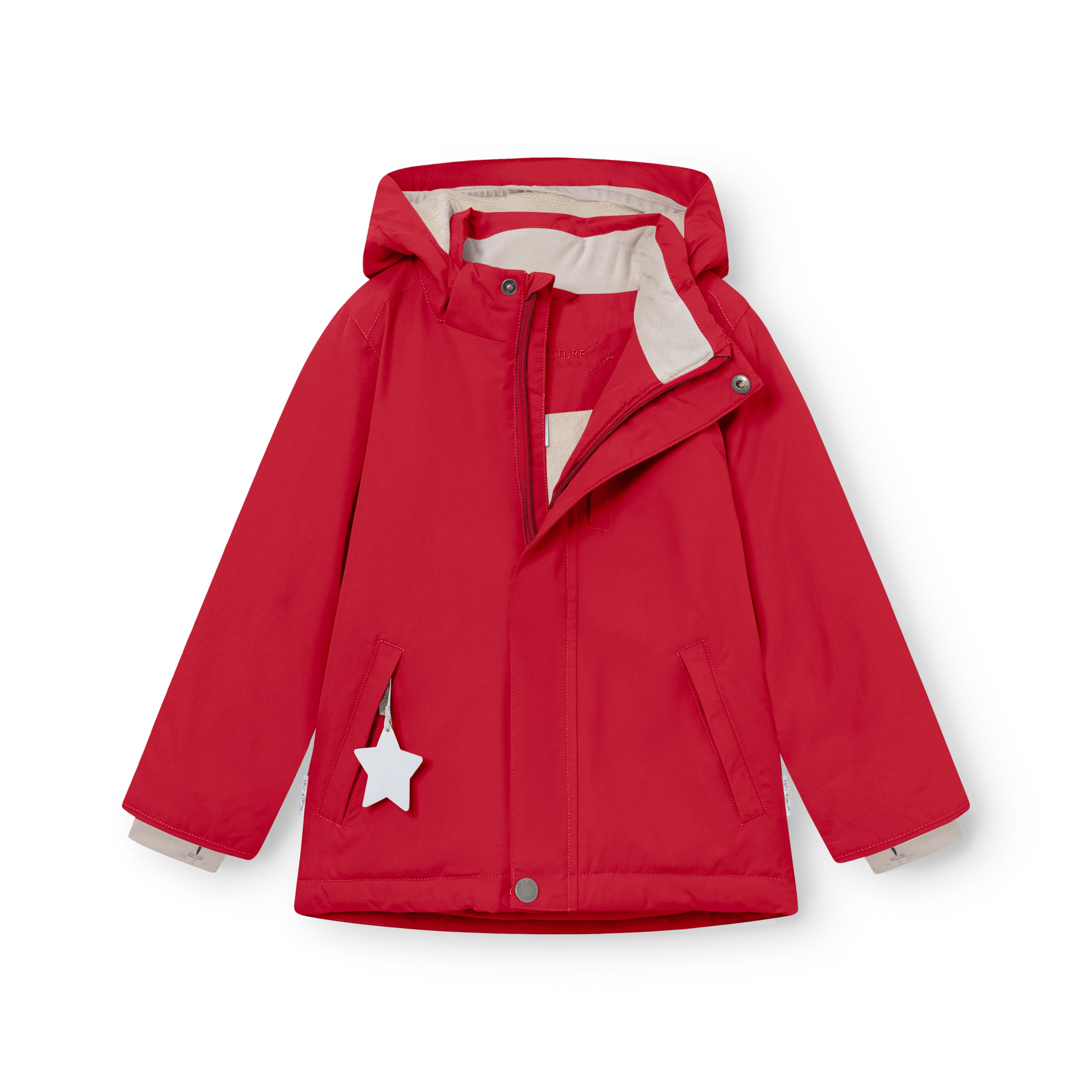Close-up interior view of MATADYANKO fleece lined winter jacket showing the soft beige fleece lining, snap button fastening system on the detachable hood, and the contrast between the warm inner layer and waterproof red outer shell.