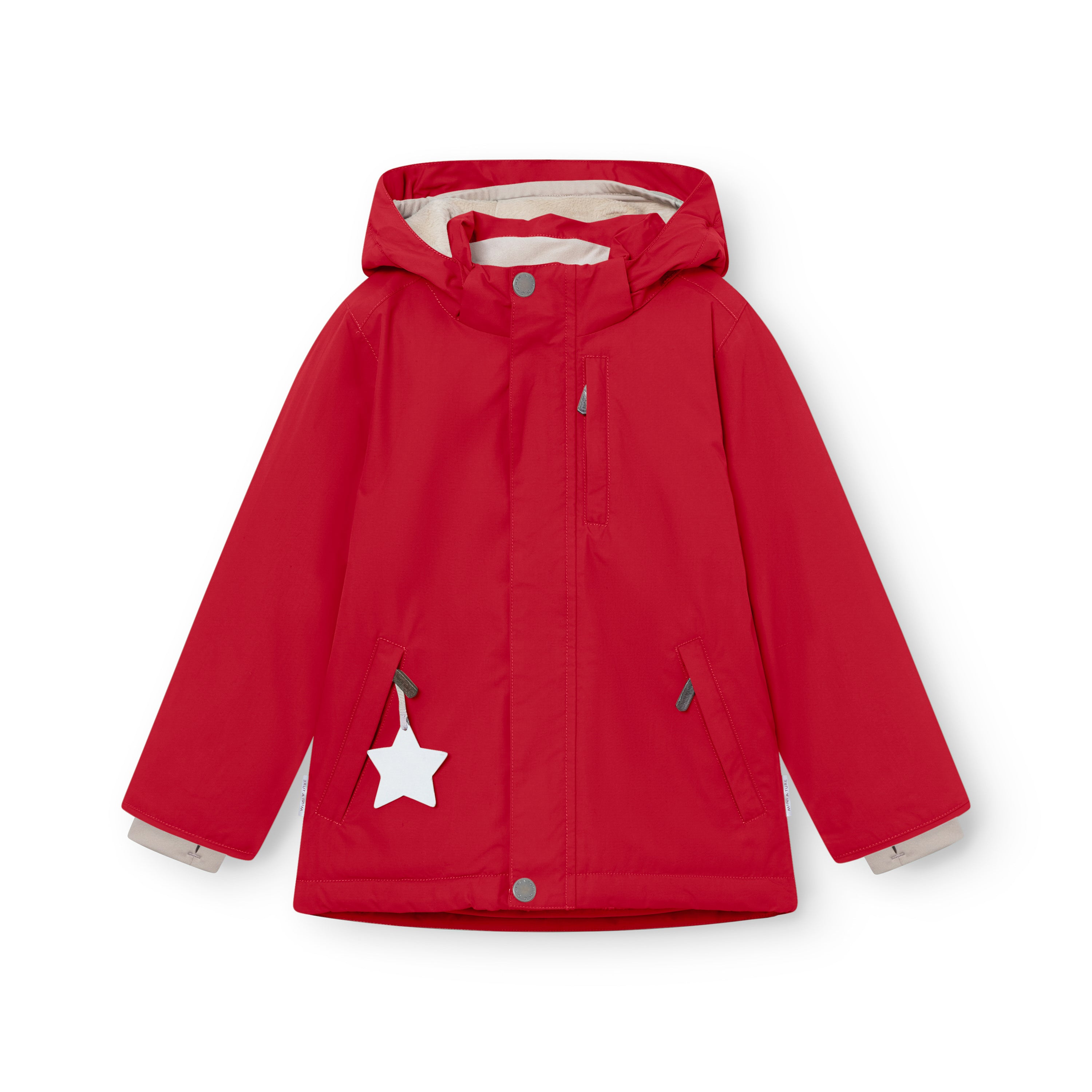 MATADYANKO fleece lined winter jacket in red, laid flat to show the waterproof outer shell, detachable hood with snap buttons, front zip closure, angled hand pockets with reflective white star detail, and snow cuffs at the wrists.