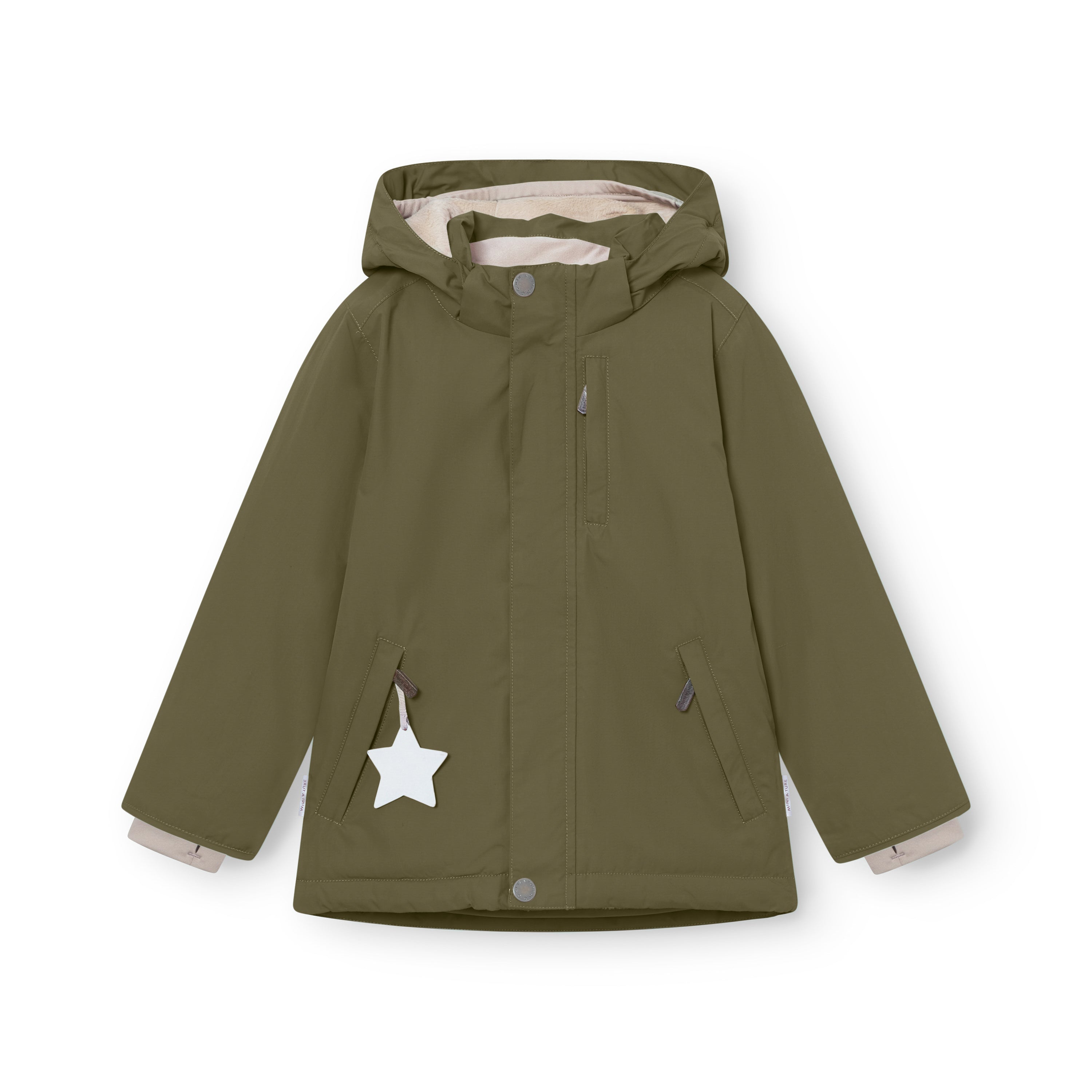 MATADYANKO fleece lined winter jacket in olive green, front view showing the detachable hood, centre front zip with snap button placket, angled hand pockets with white reflective star detail, and snow cuffs visible at the wrists.