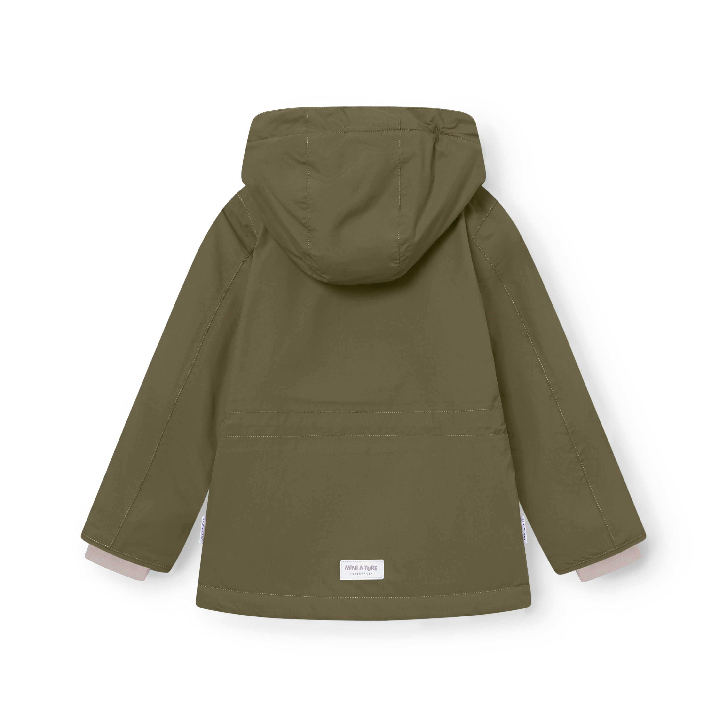 Back view of MATADYANKO fleece lined winter jacket in olive green, showing the detachable hood with snap button fastening, improved sleeve shaping for freedom of movement, waterproof recycled polyamide shell and MINI A TURE label at the hem.