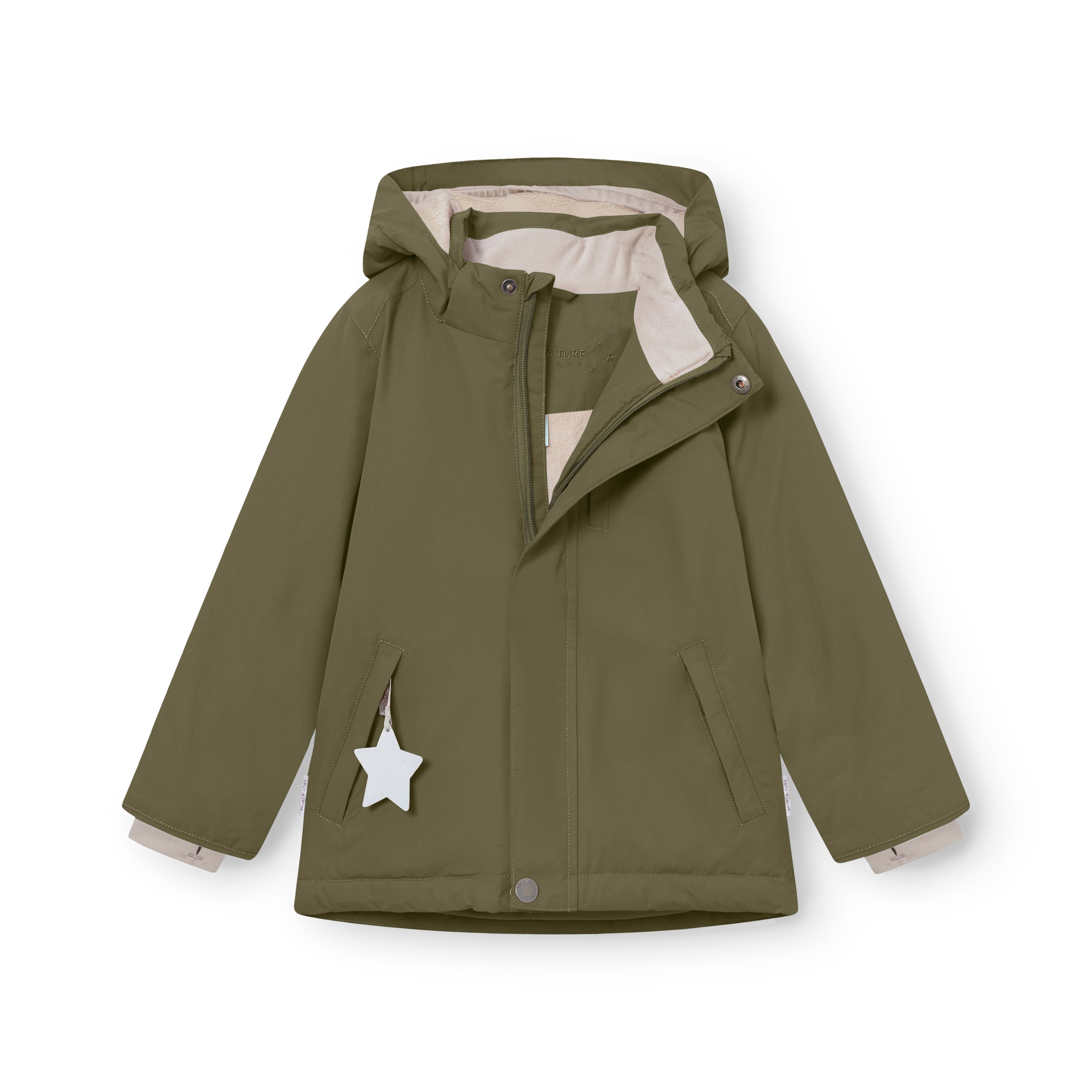 MATADYANKO fleece lined winter jacket in olive green shown partially unzipped to reveal the soft beige fleece lining, snap button placket and hood fastening, with snow cuffs visible at the wrists and a white reflective star detail on the left pocket.