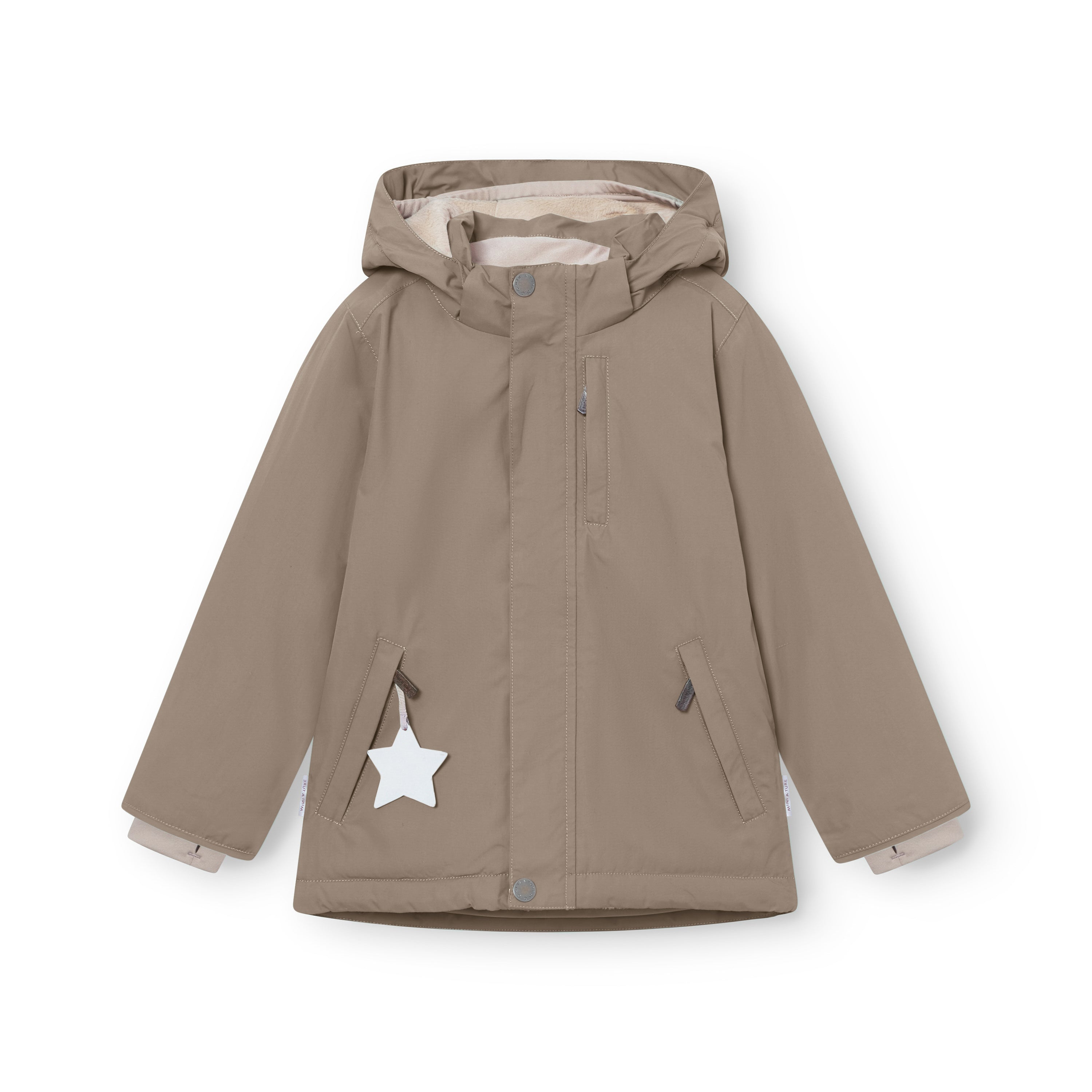 MATADYANKO fleece lined winter jacket in soft taupe with detachable hood, centre front zip with snap button closure, angled hand pockets with white reflective star zip pulls, and pale beige fleece lining visible at the collar and cuffs.
