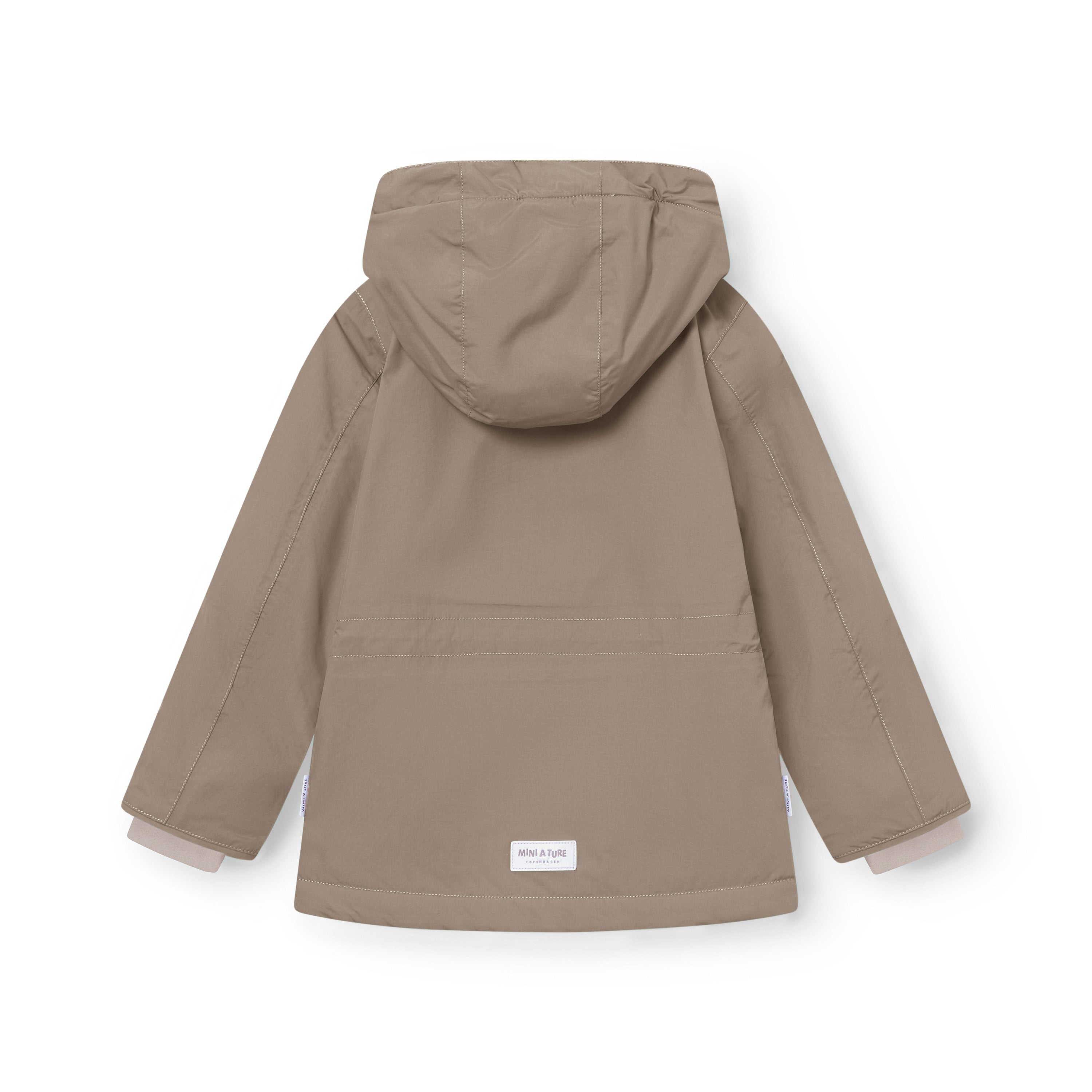 Back view of MATADYANKO fleece lined winter jacket in soft taupe, showing the detachable hood with snap button fastening, improved sleeve shaping, waterproof recycled polyamide shell and MINI A TURE label at the hem with pale beige fleece lining visible at the cuffs.