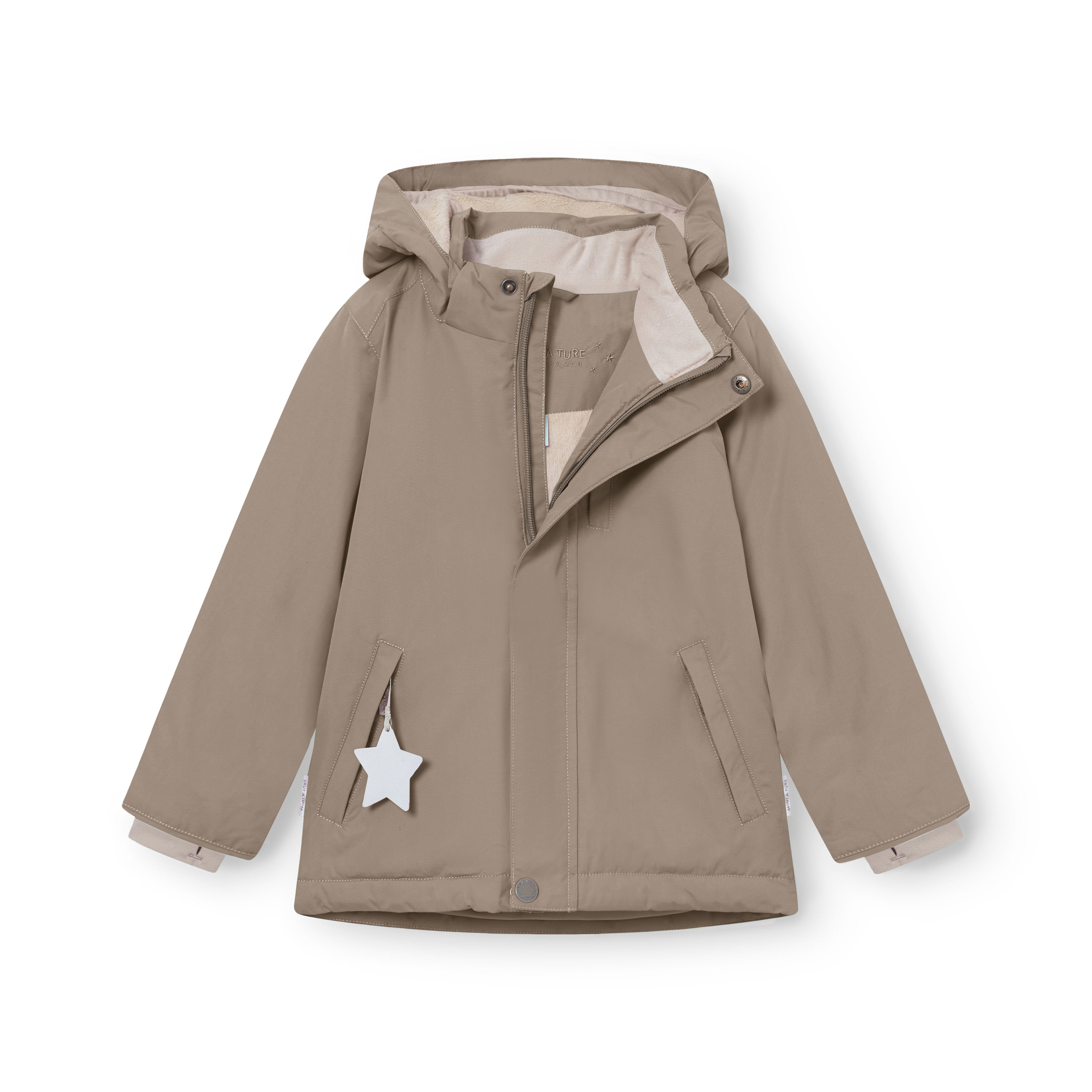 MATADYANKO fleece lined winter jacket in soft taupe shown fully open to reveal the pale beige fleece lining, detachable hood with snap button fastening, centre front zip, angled hand pockets with white reflective star zip pulls, and snow cuffs with thumb openings at the wrists.