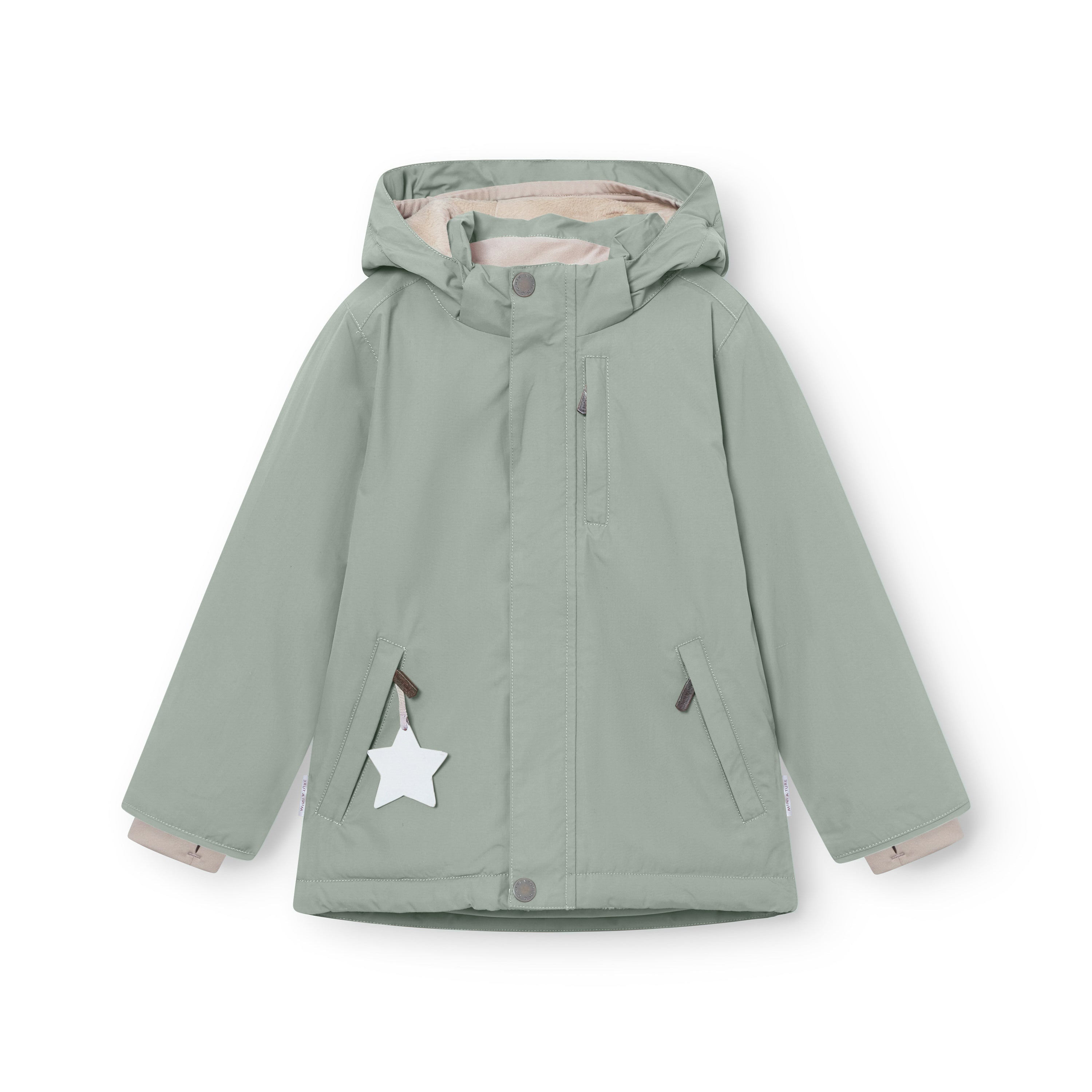 MATADYANKO fleece lined winter jacket in sage green, displayed flat to show the waterproof shell, detachable hood, front zip with snap button closure, angled hand pockets with white reflective star details, and snow cuffs at the wrists.