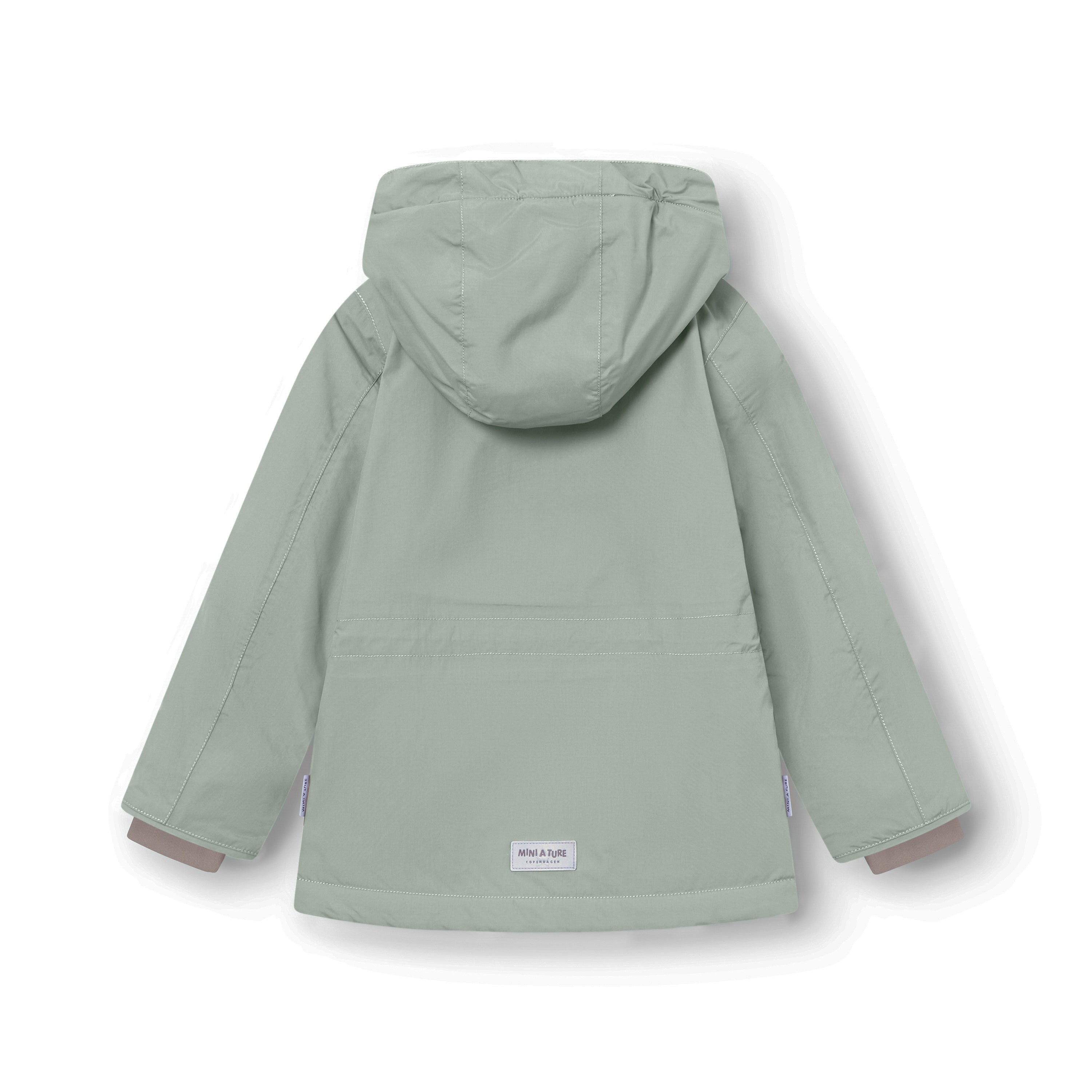 Back view of MATADYANKO fleece lined winter jacket in sage green, showing the detachable hood with snap buttons, improved sleeve shaping, waterproof recycled polyamide shell and MINI A TURE label at the hem.