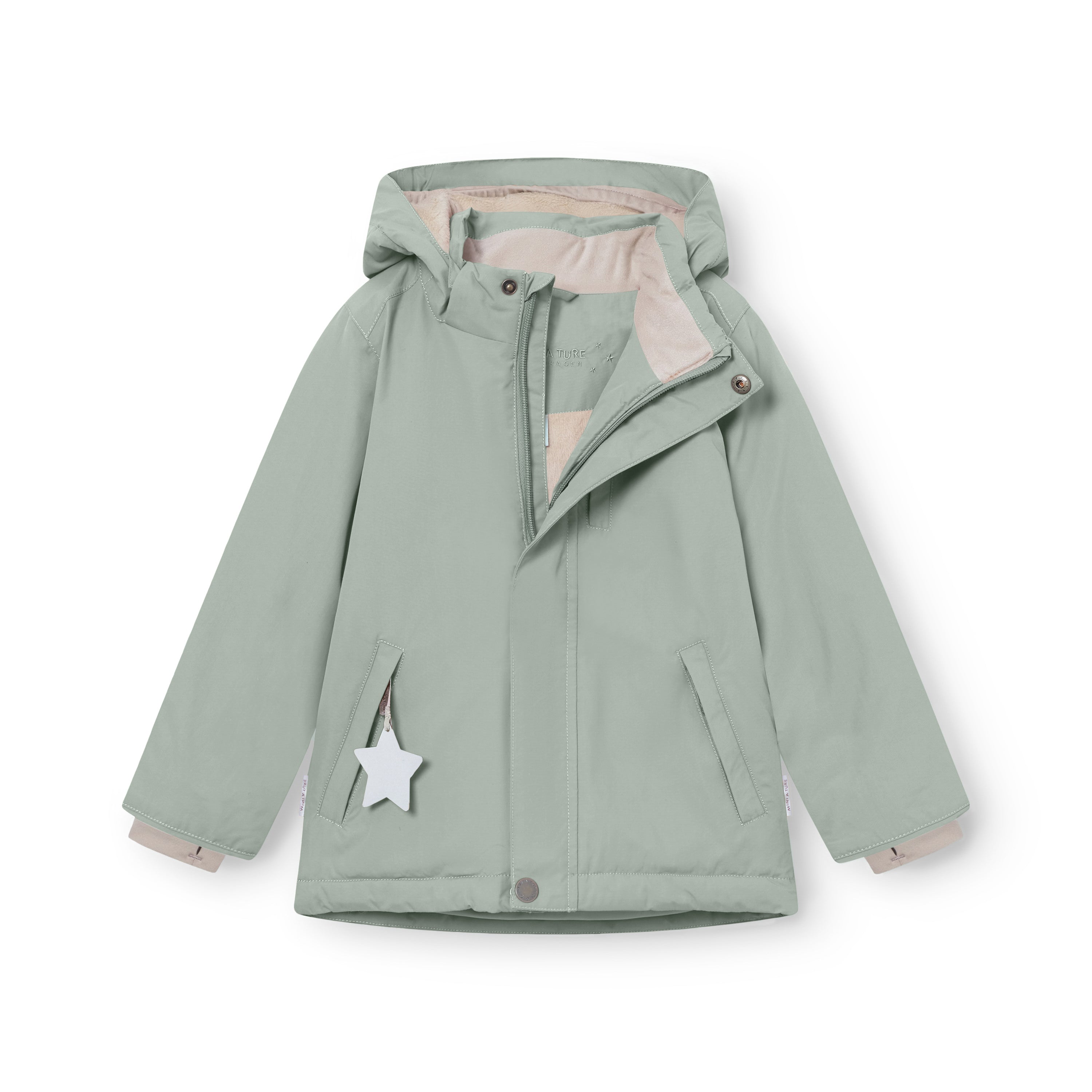 MATADYANKO fleece lined winter jacket in sage green shown partially unzipped to reveal the soft beige fleece lining and snap button closure system, with white reflective star details visible on the angled hand pockets.