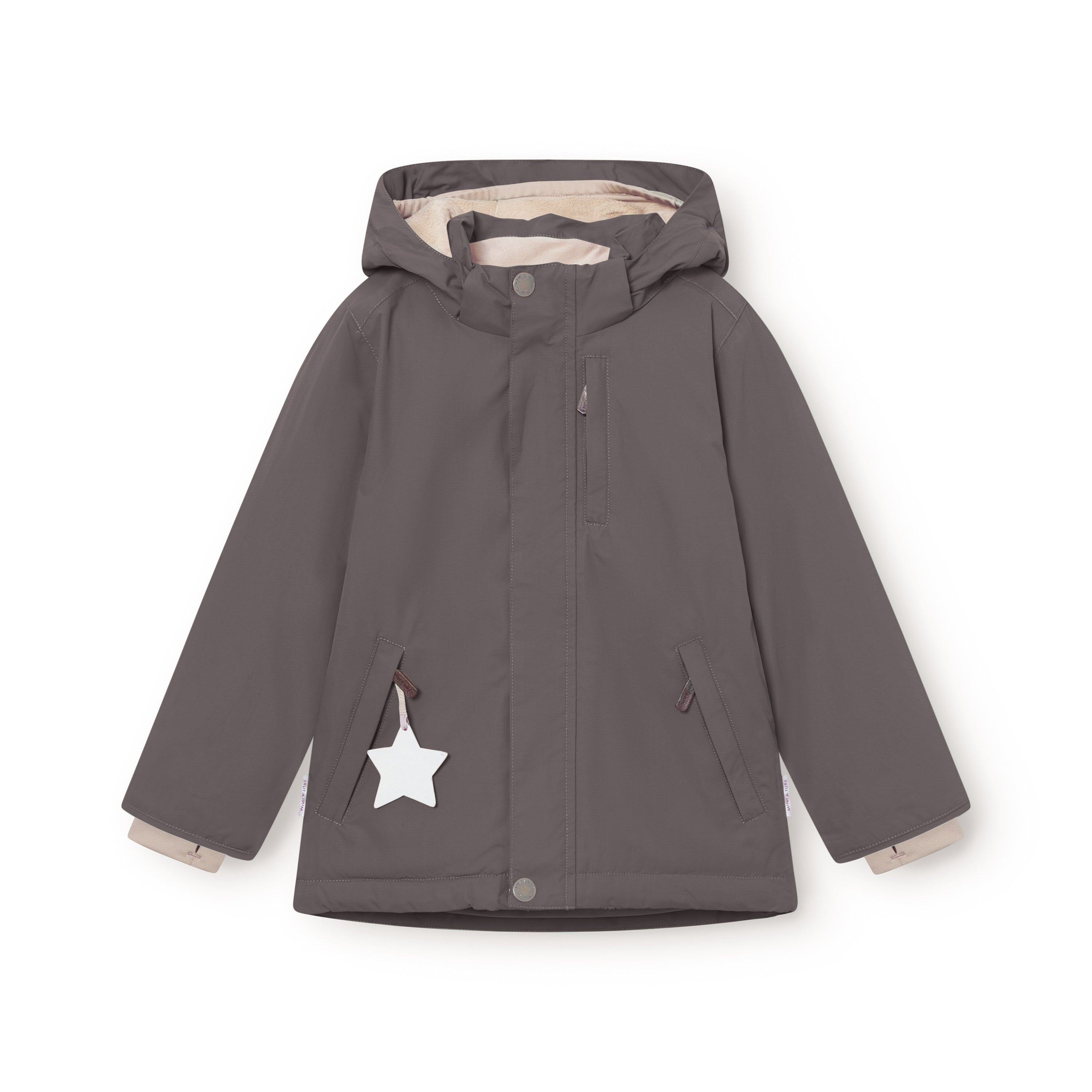 MATADYANKO fleece lined winter jacket in dark grey, front view showing the detachable hood, centre front zip with snap button placket, angled hand pockets with white reflective star detail, and snow cuffs with thumb openings visible at the wrists.