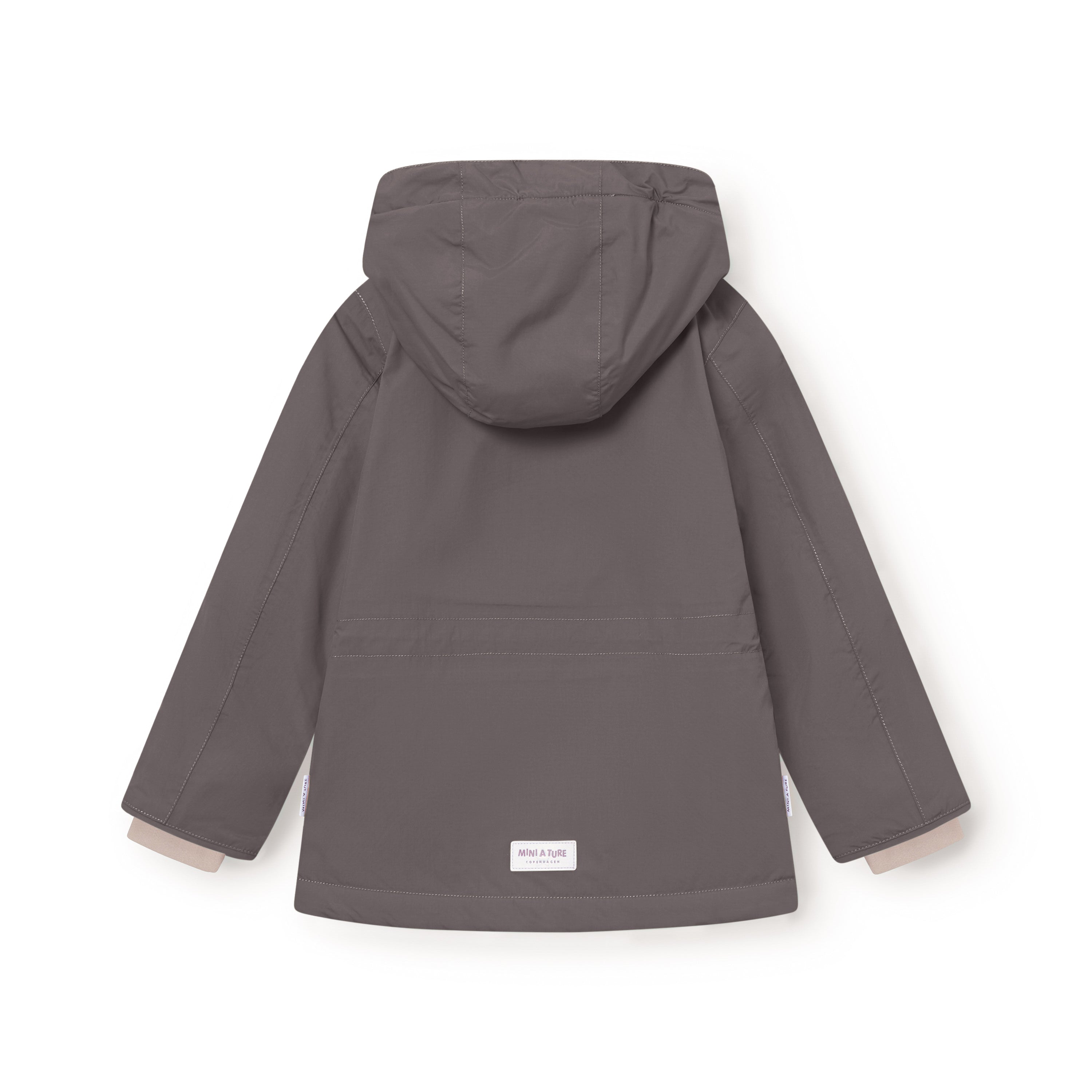 Back view of MATADYANKO fleece lined winter jacket in dark grey, displaying the detachable hood with snap button fastening, improved sleeve shaping, waterproof recycled polyamide shell and MINI A TURE label at the hem.