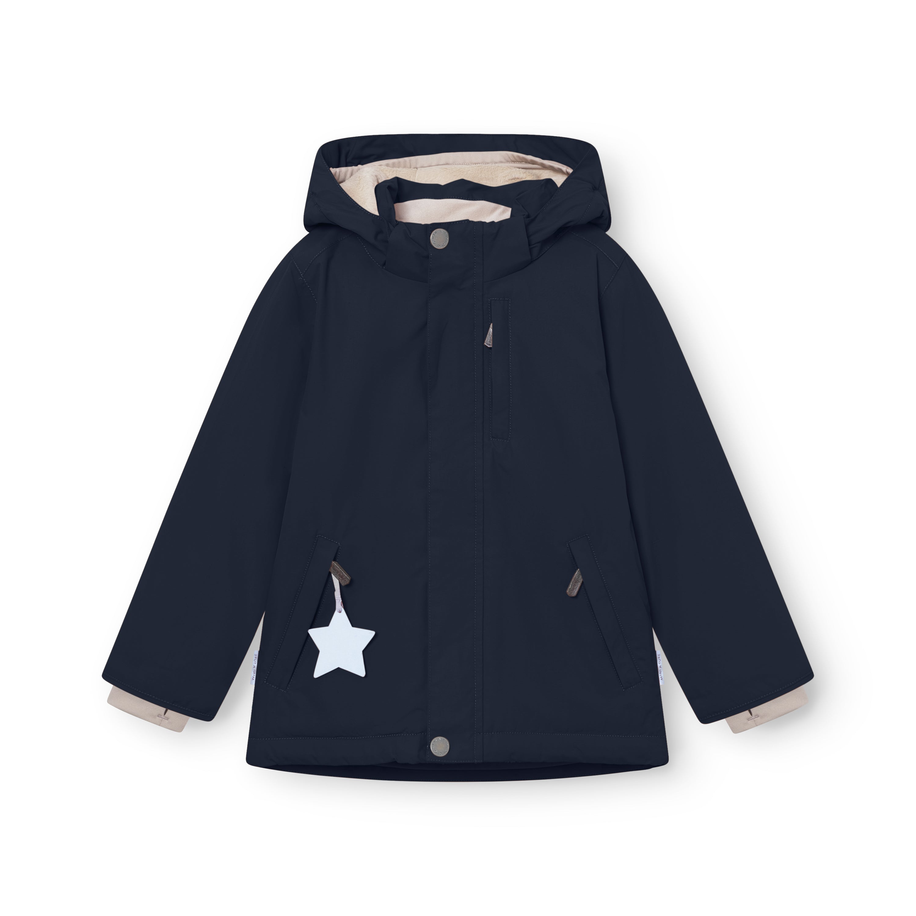 MATADYANKO fleece lined winter jacket in deep navy blue with detachable hood, centre front zip with snap button closure, angled hand pockets with white reflective star zip pulls, and pale beige fleece lining visible at the collar and cuffs.
