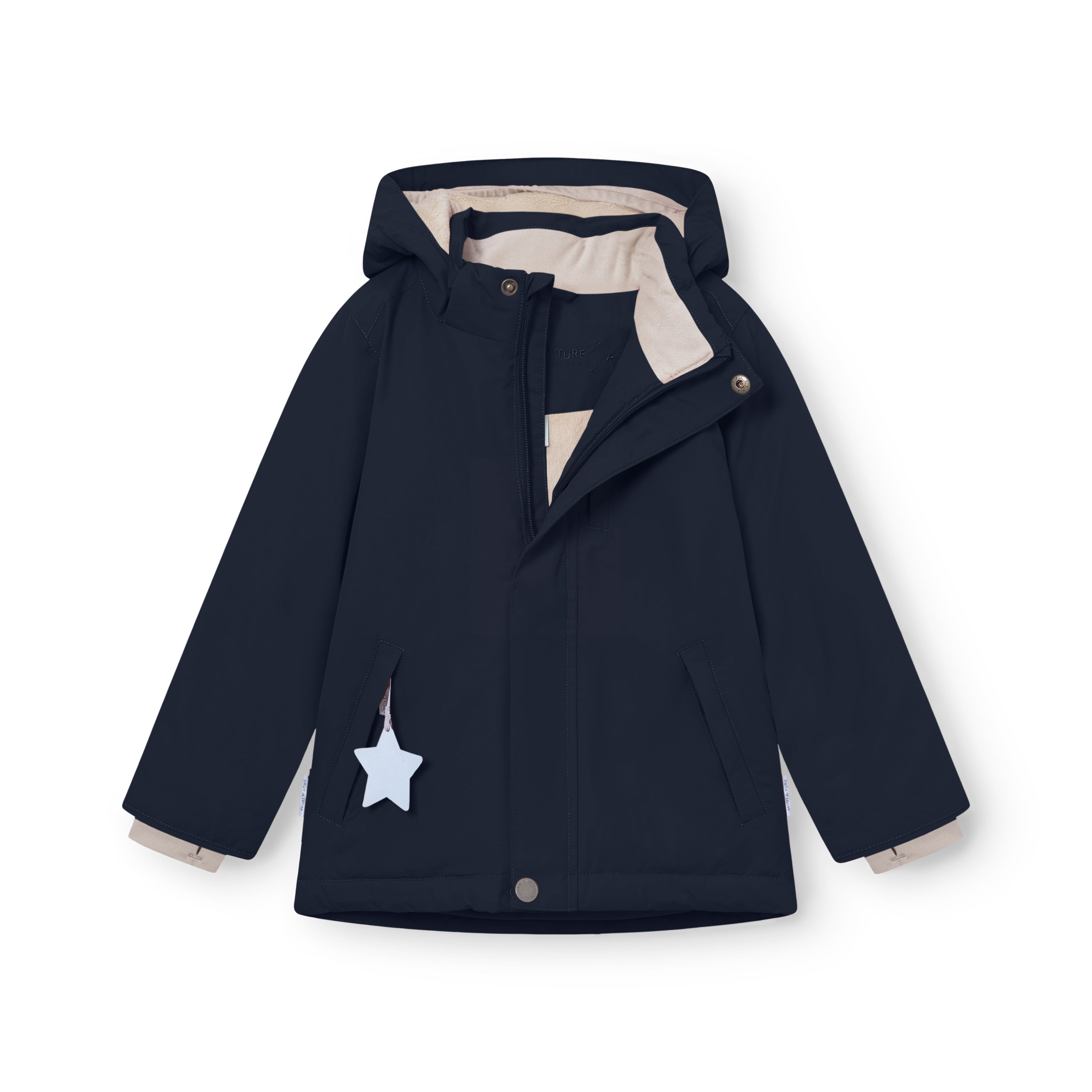 MATADYANKO fleece lined winter jacket in deep navy blue shown fully open to reveal the pale beige fleece lining, detachable hood with snap button fastening, centre front zip, angled hand pockets with white reflective star zip pulls, and snow cuffs with thumb openings at the wrists.