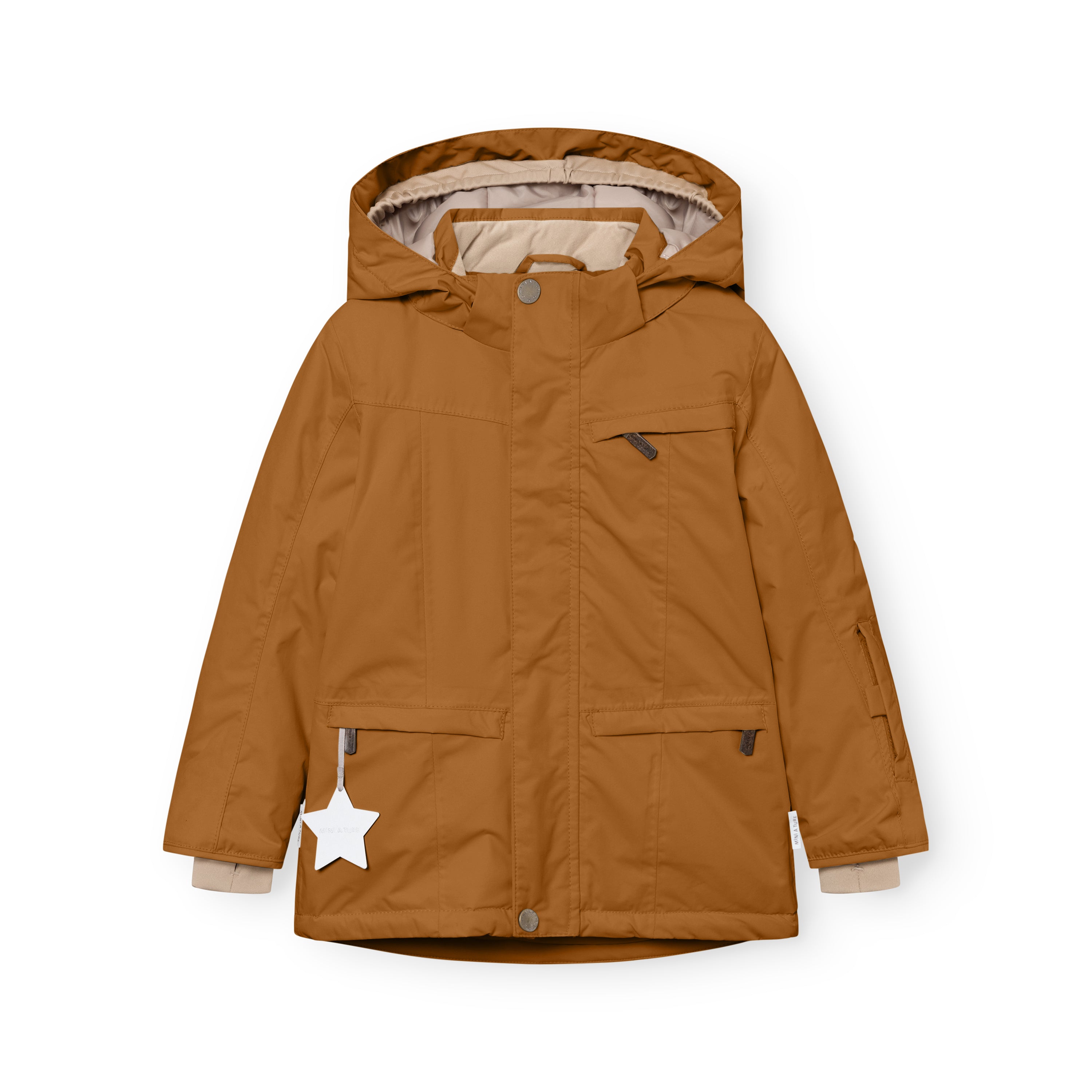 MATVESTYN winter jacket in caramel brown laid flat, showing the waterproof recycled polyamide shell, THERMOLITE insulation, ribbed cuffs with snow cuffs, and a white star-shaped reflector hanging from the left pocket zip.
