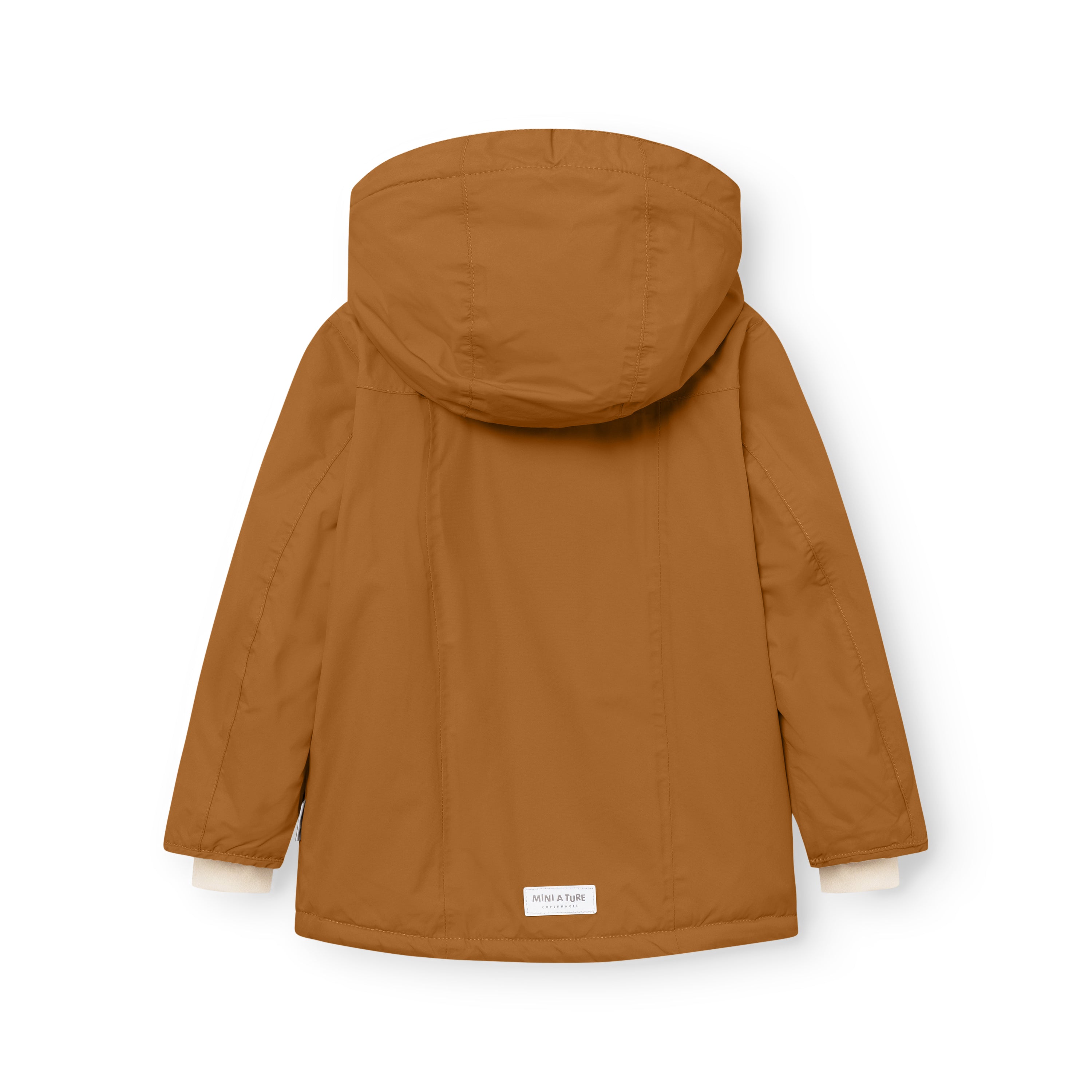 MATVESTYN winter jacket in caramel brown shown from the back, displaying the detachable hood with snap-button fastening, shaped sleeves, and a white MINI A TURE label at the hem.