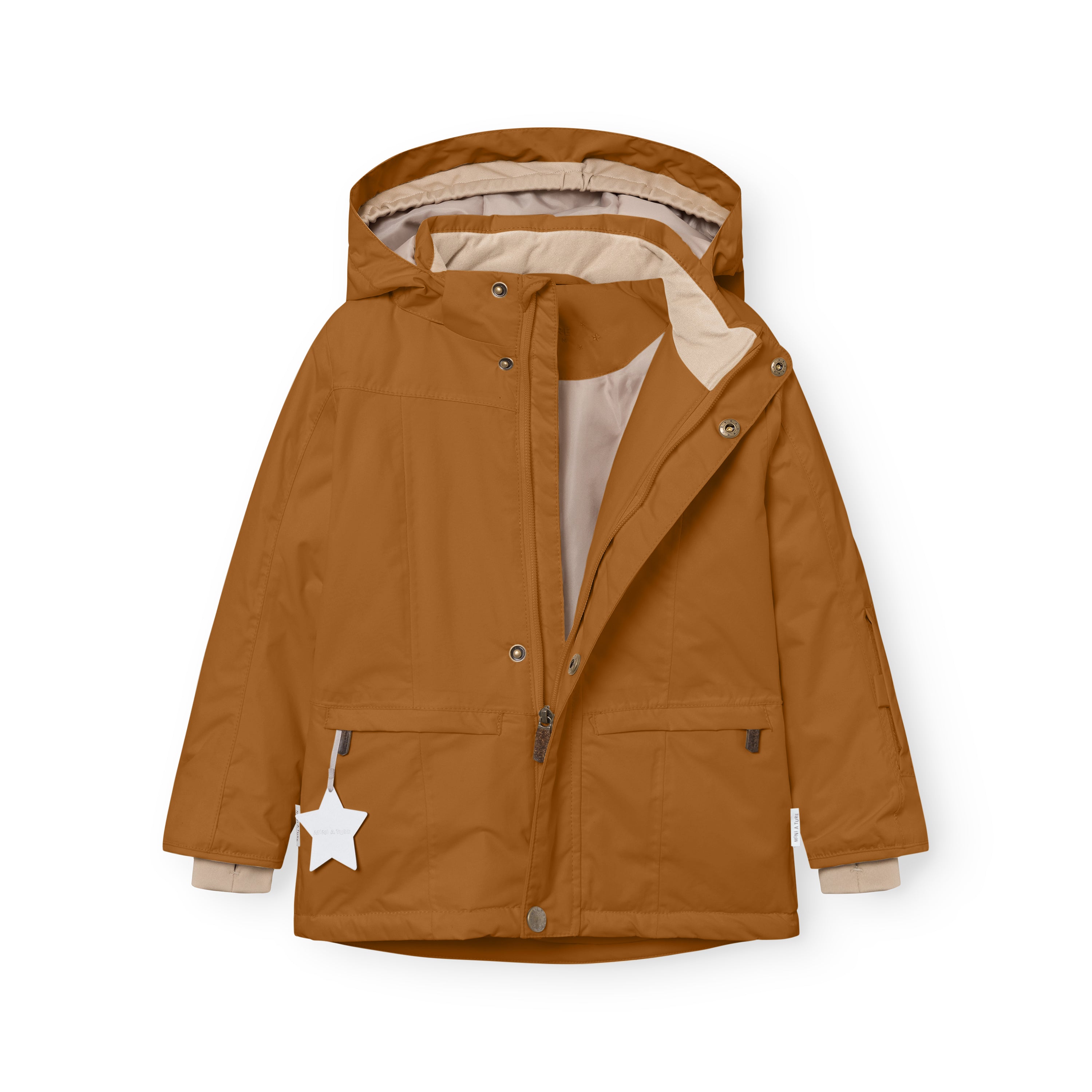 MATVESTYN winter jacket in caramel brown displayed open to reveal the light beige lining, detachable hood with snap-button fastening, internal wind trap, and ribbed cuffs with snow cuffs and thumb openings.
