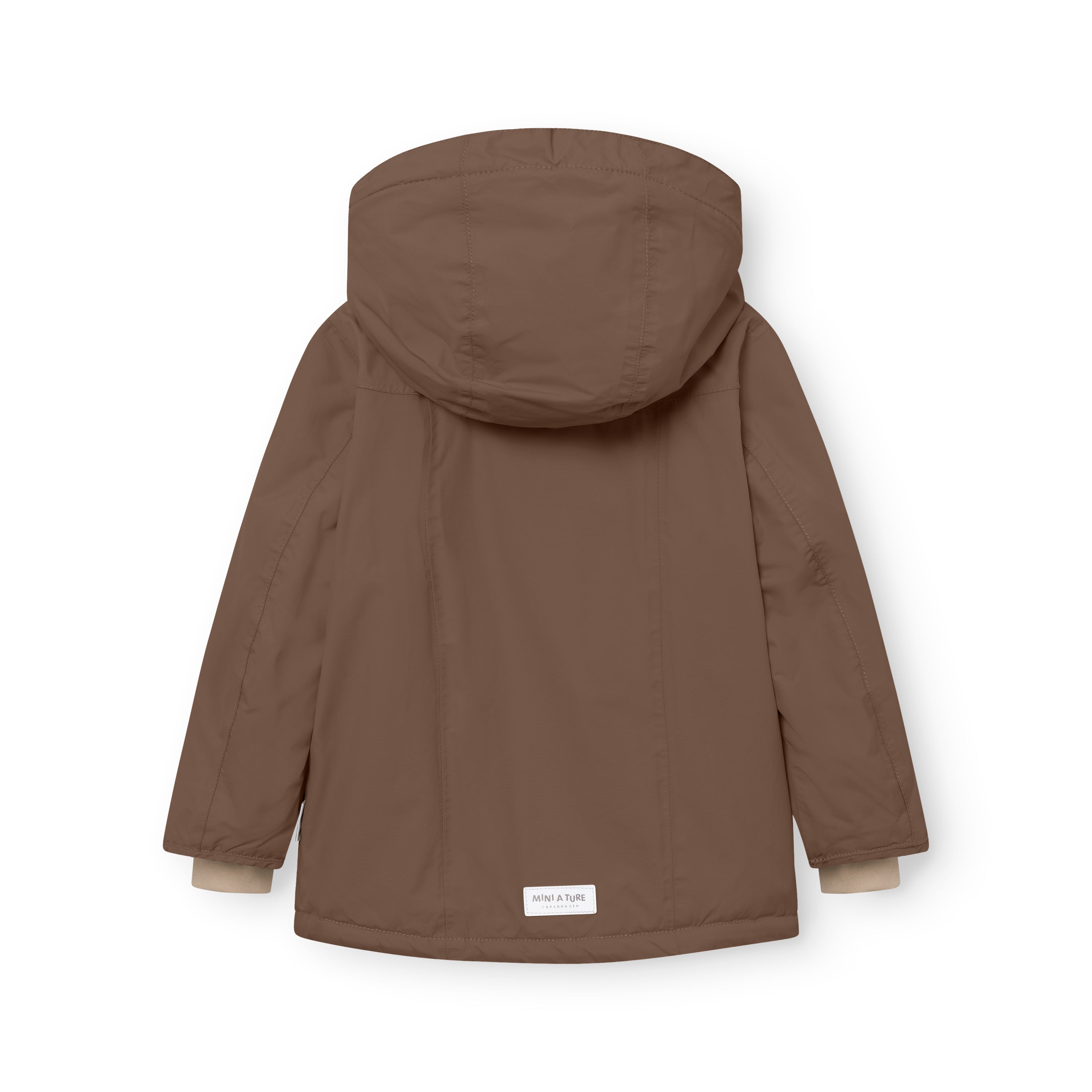 MATVESTYN winter jacket in taupe brown viewed from the back, showing the detachable hood with snap-button fastening, shaped sleeves, and a white MINI A TURE label at the lower hem.