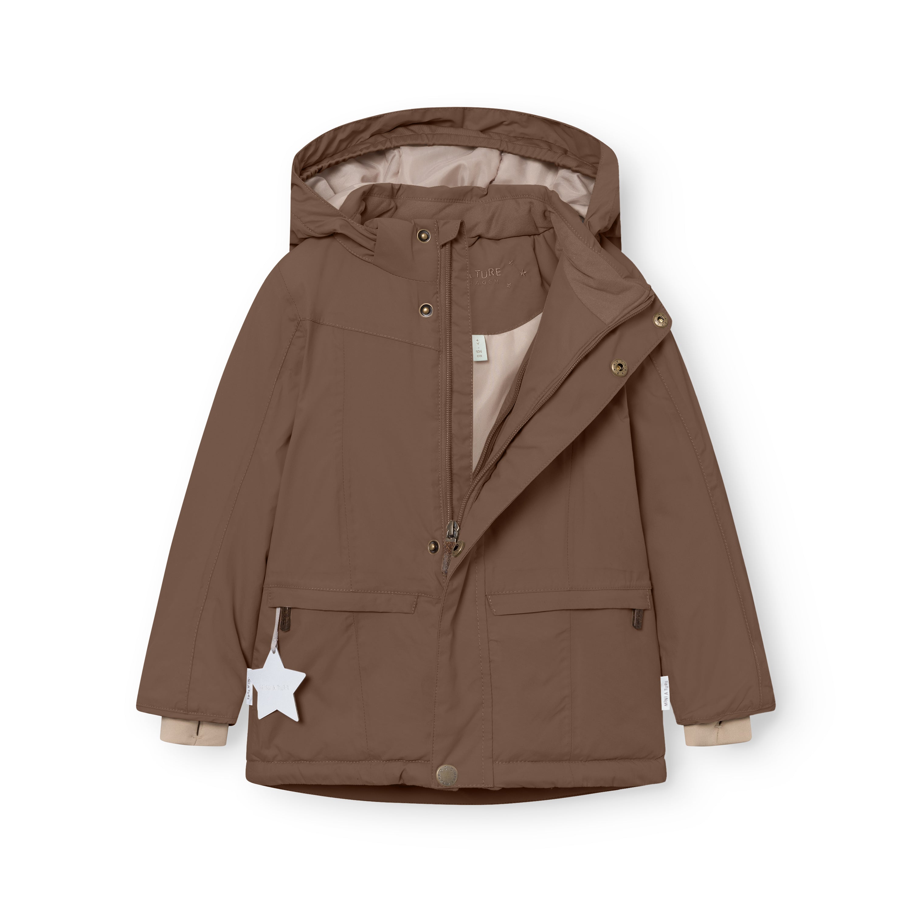 MATVESTYN winter jacket in taupe brown displayed open, showing the light beige lining, THERMOLITE insulation, snap-button front closure, internal wind trap in the hood, and beige ribbed cuffs with snow cuffs and thumb openings.