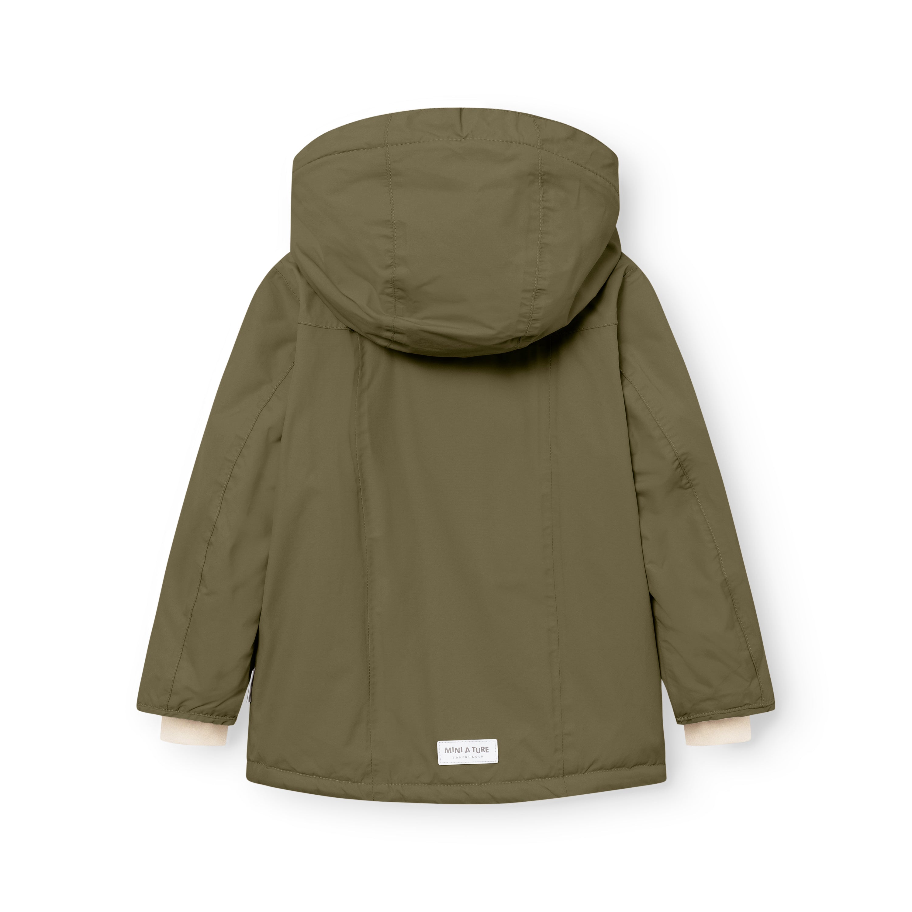 MATVESTYN winter jacket in olive green viewed from the back, displaying the detachable hood, shaped sleeves for natural arm movement, and a white MINI A TURE label at the lower hem.