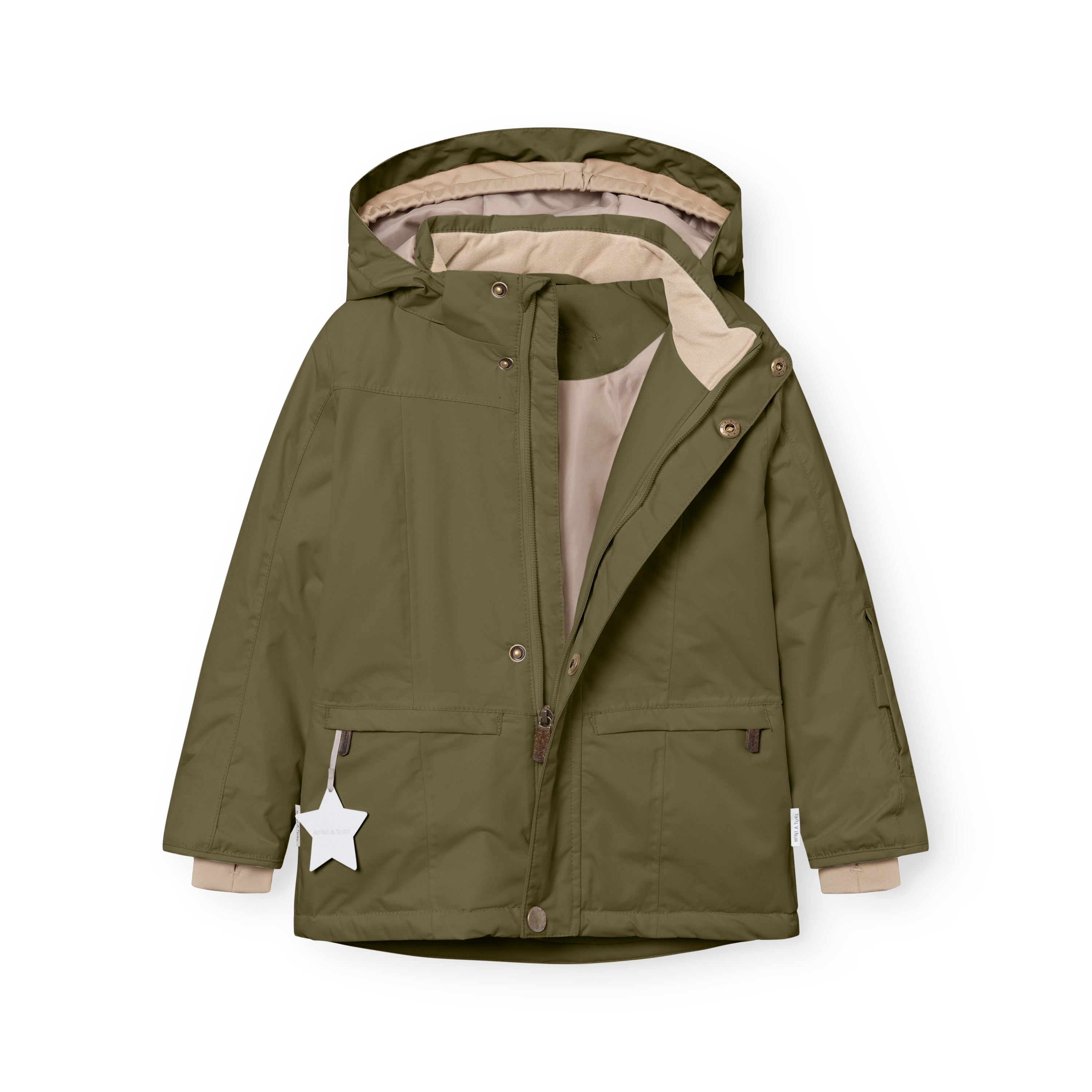 MATVESTYN winter jacket in olive green displayed open, revealing the light beige lining, THERMOLITE padding, snap-button front closure, internal wind trap in the detachable hood, snow cuffs with thumb openings at the wrists, and a white star reflector hanging from the left pocket.
