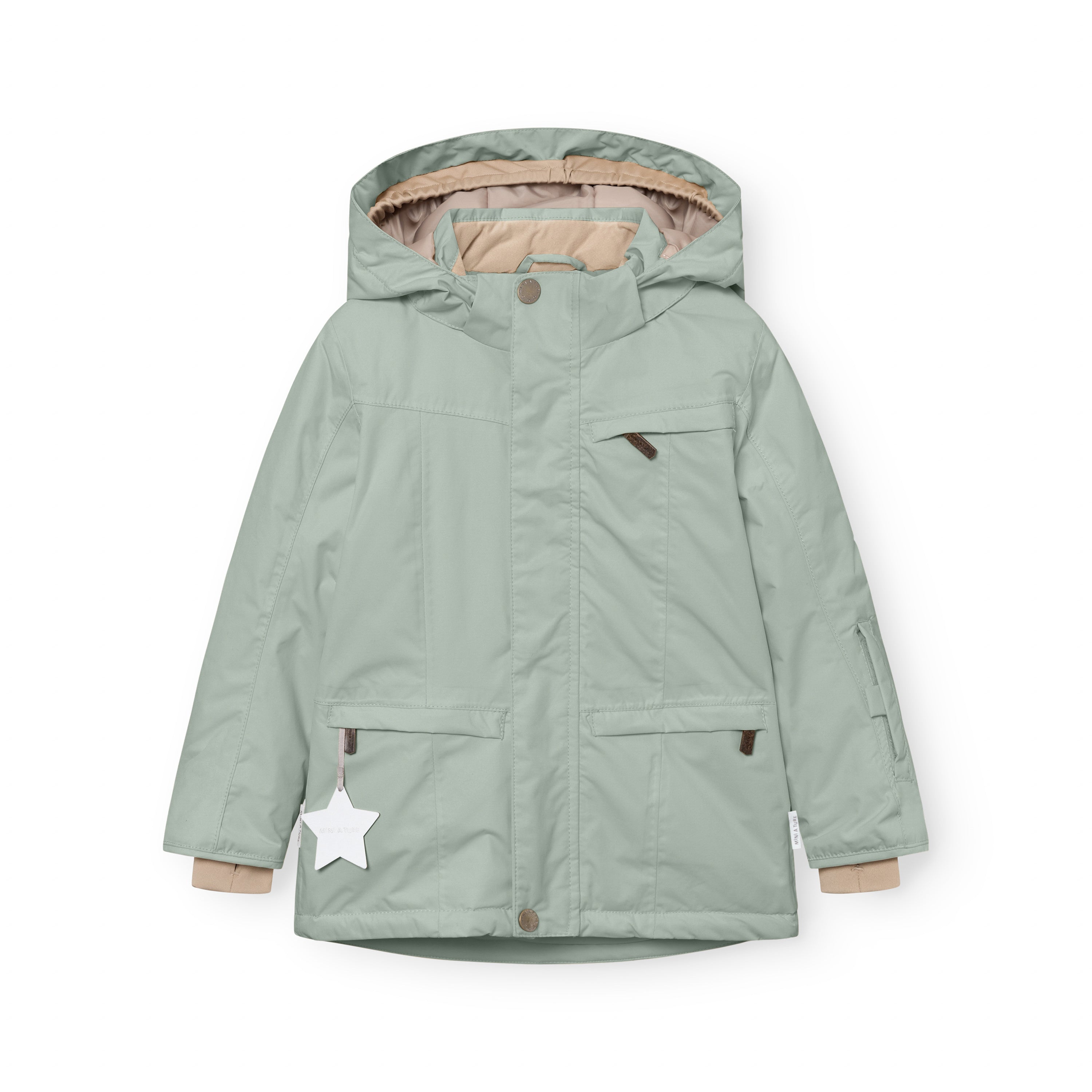 MATVESTYN winter jacket in sage green shown flat, highlighting the waterproof recycled polyamide shell, snap-button front closure, hidden-zip front pockets, beige ribbed cuffs, and white star reflector attached to the left pocket.
