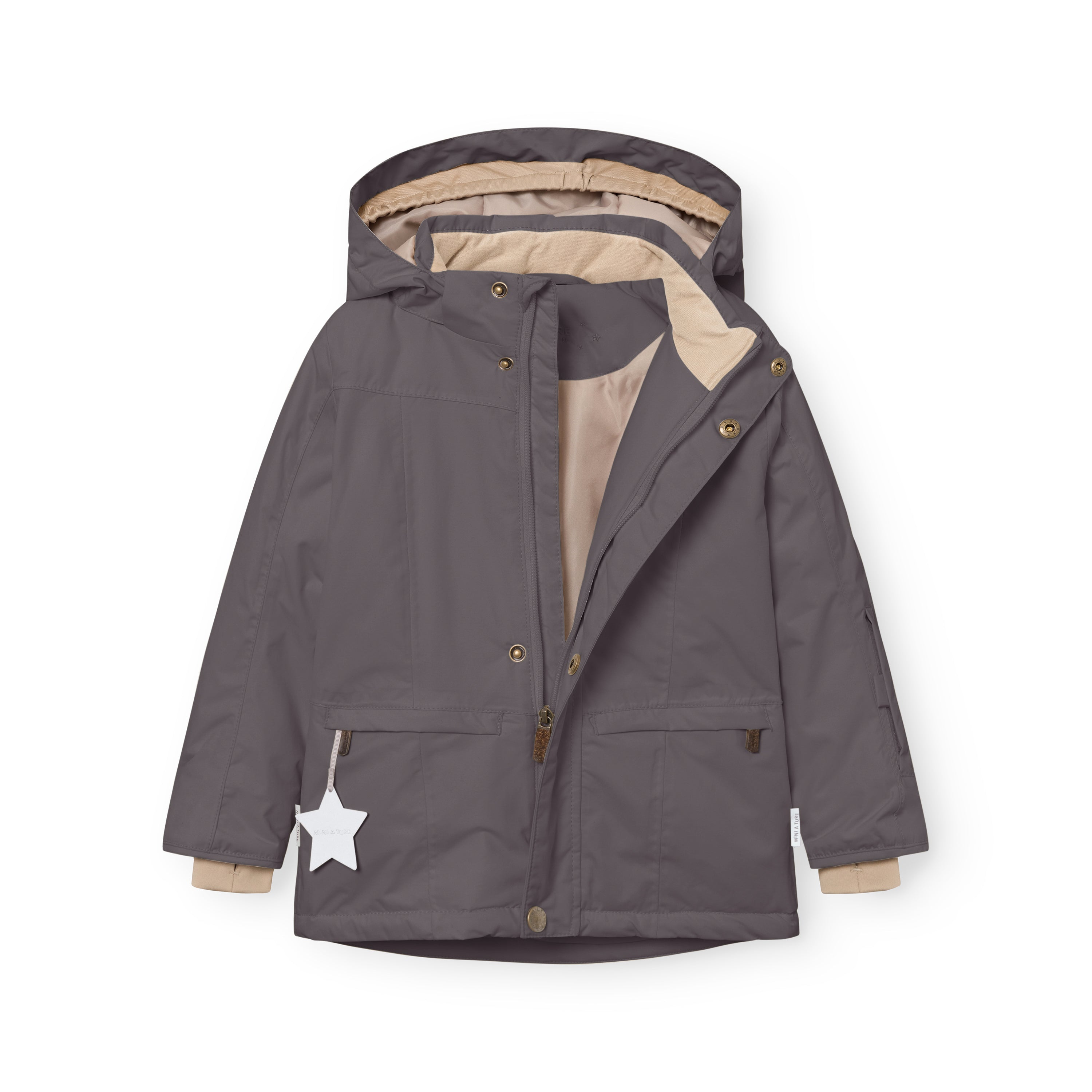 MATVESTYN winter jacket in charcoal grey displayed open, revealing the light beige lining, THERMOLITE insulation, snap-button front closure, internal wind trap in the detachable hood, beige ribbed cuffs with snow cuffs and thumb openings, and a white star reflector hanging from the left pocket.