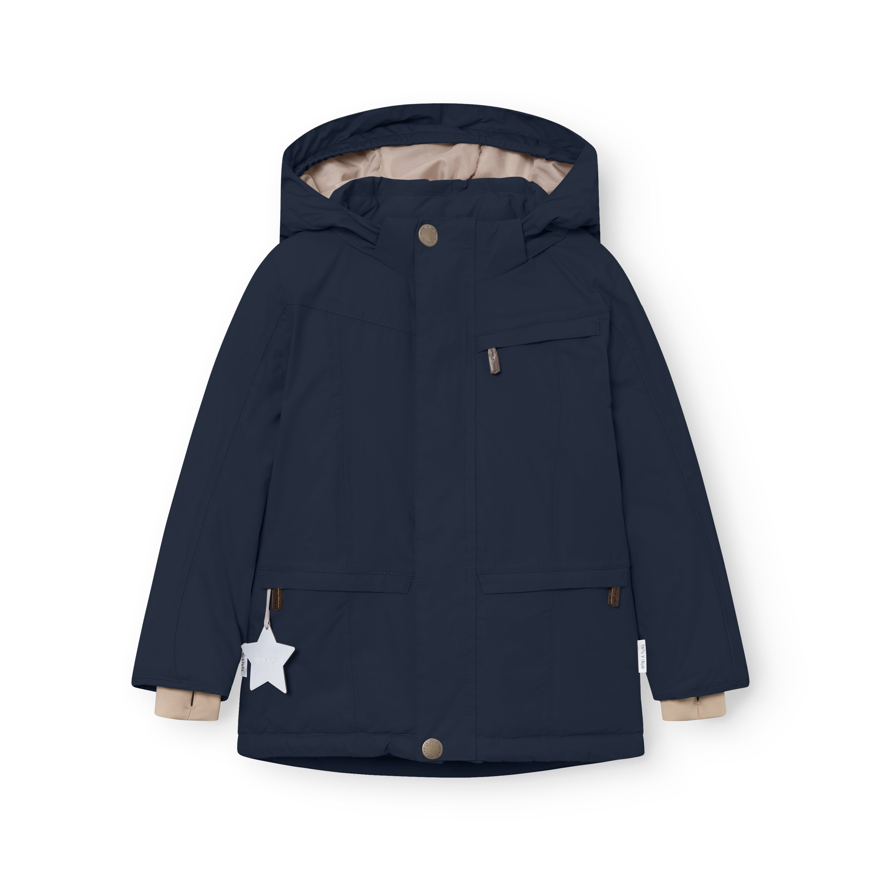 MATVESTYN winter jacket in navy blue shown from the front, with a detachable hood, snap-button closure, chest pocket with zip, front pockets with hidden zips, beige ribbed cuffs, and a white star reflector hanging from the left pocket.