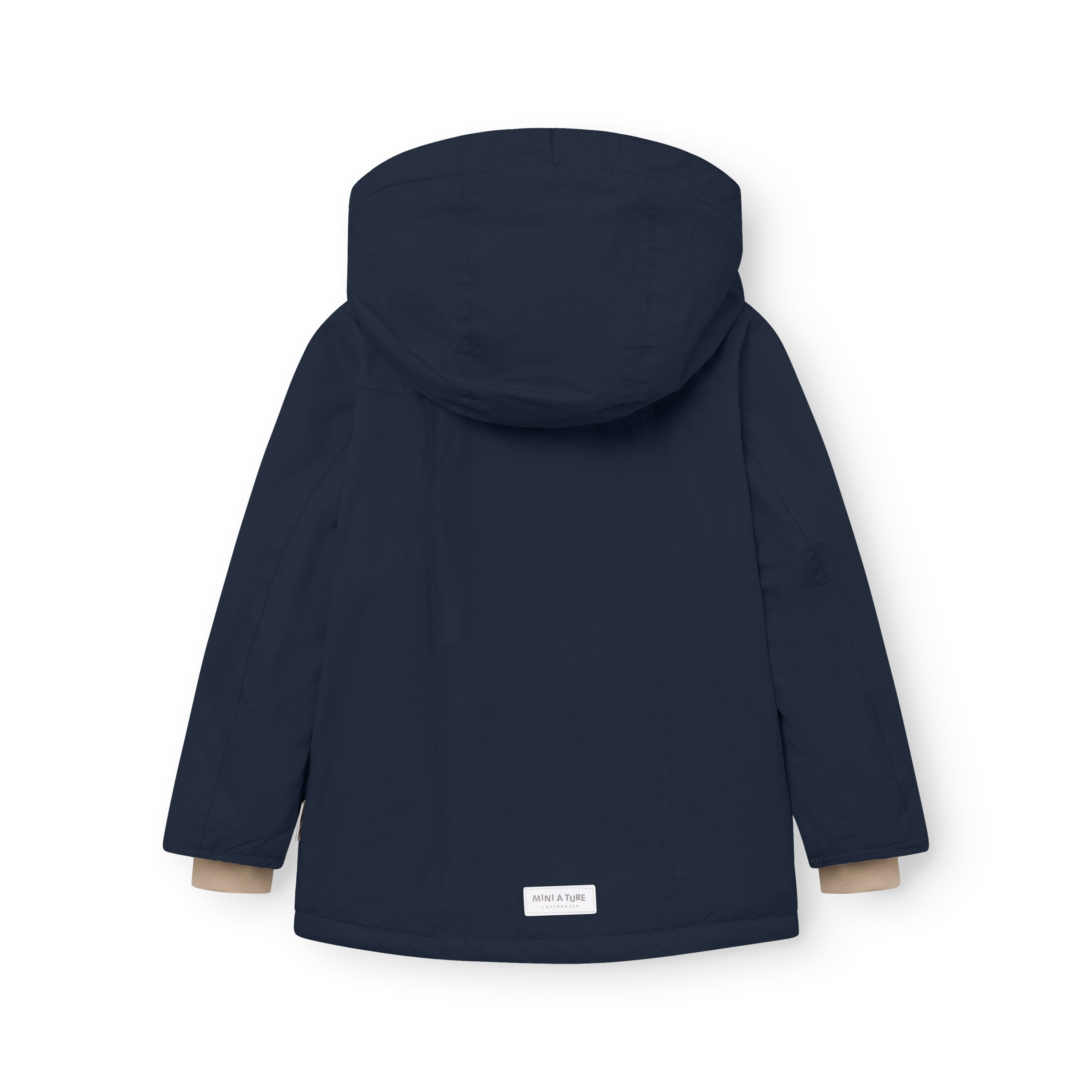 MATVESTYN winter jacket in navy blue viewed from the back, highlighting the detachable hood, shaped sleeves designed for natural arm movement, and a white MINI A TURE label at the lower hem.