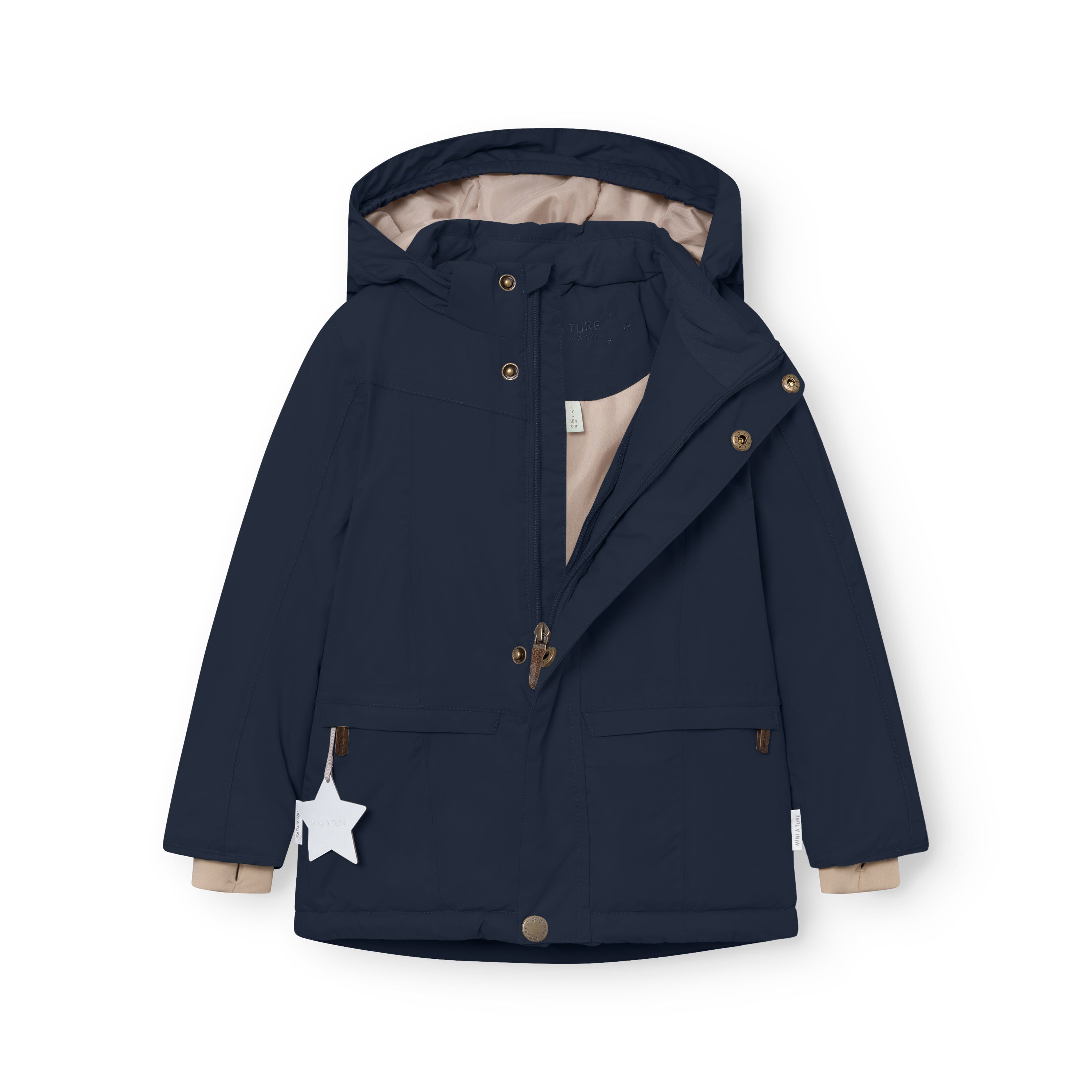 MATVESTYN winter jacket in navy blue displayed open, revealing the light beige lining, THERMOLITE insulation, snap-button front closure, internal wind trap in the detachable hood, beige ribbed cuffs with snow cuffs and thumb openings, and a white star reflector hanging from the left pocket.