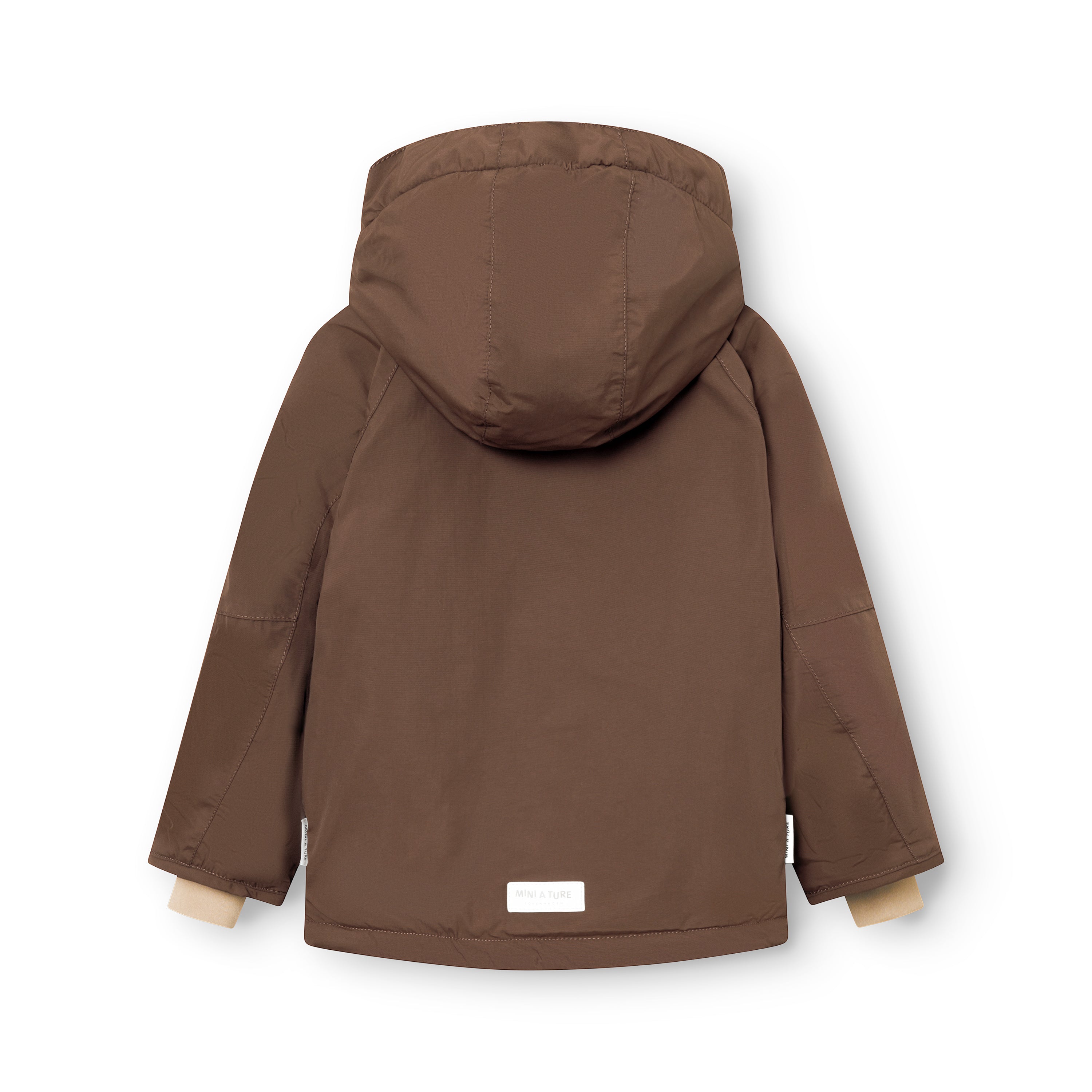 MATVALONSO boys' winter jacket in brown with the hood and hidden centre-front zip partially open, exposing the beige fleece lining, oblique front pockets, adjustable internal waist and THERMOLITE insulation within the waterproof recycled polyamide shell.