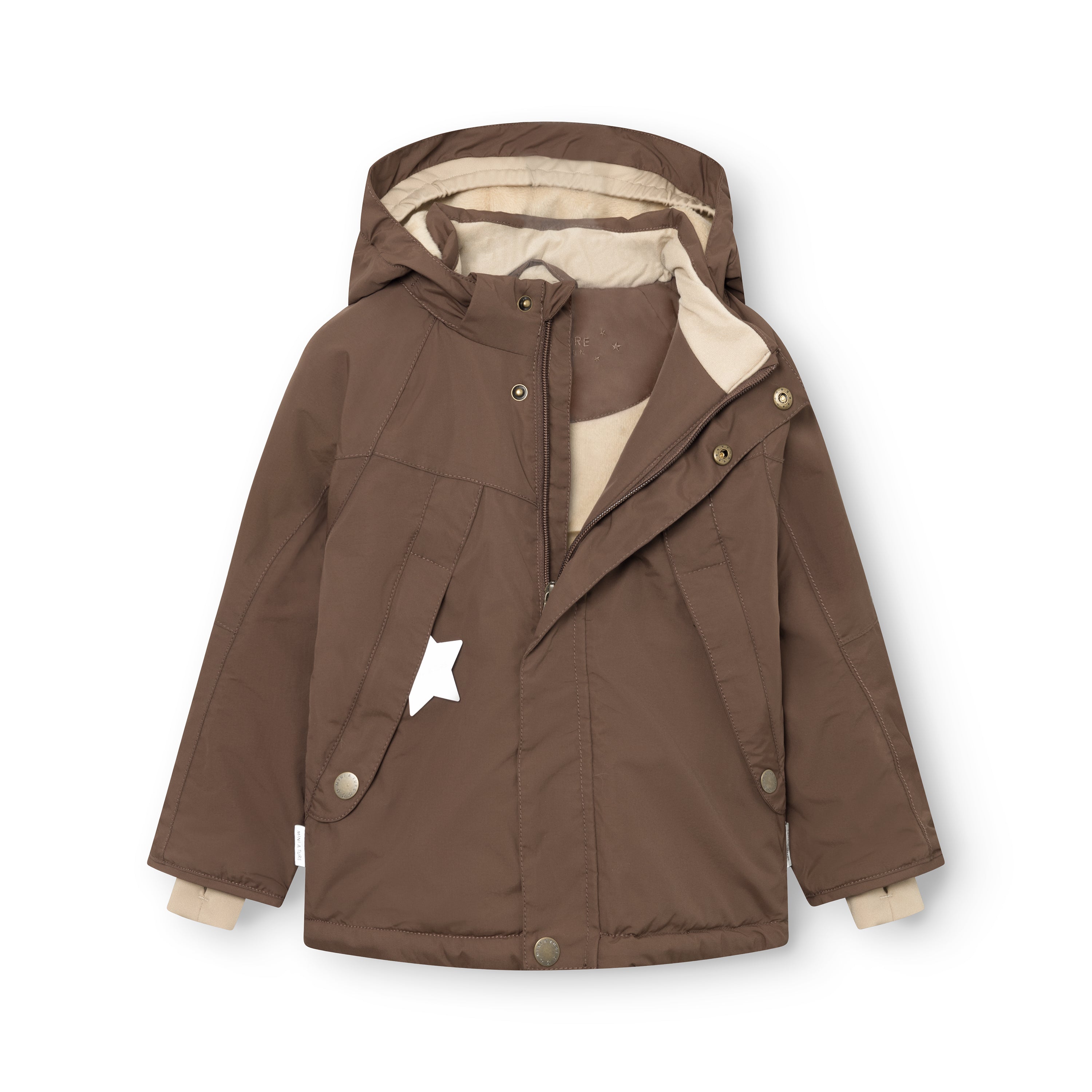 Rear view of MATVALONSO boys' fleece lined winter jacket in brown, showing the detachable hood with snap-button fastening, raglan sleeve construction, white MINI A TURE logo label at the lower back and waterproof recycled polyamide outer shell with fully taped seams.