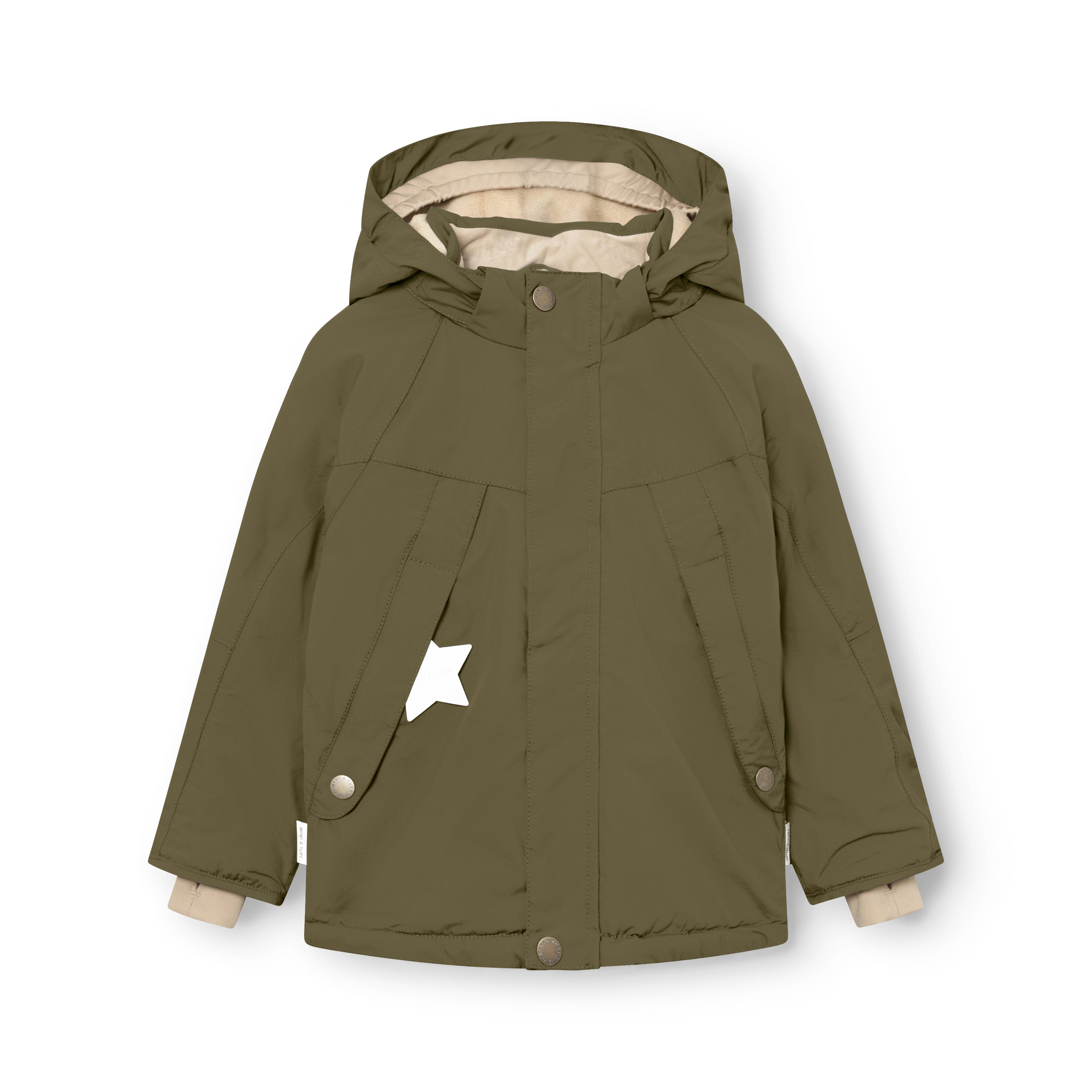 MATVALONSO fleece lined winter jacket in olive green with detachable hood, oblique front pockets, reflective star detail and snow cuffs, displayed flat against a white background.
