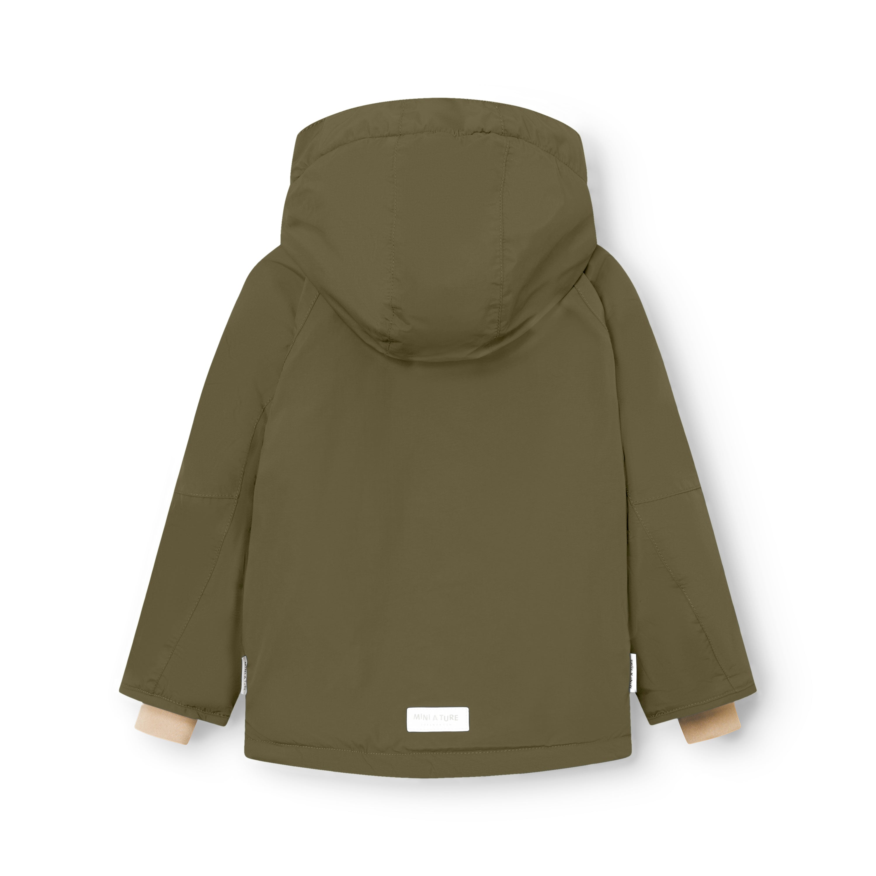 Back view of MATVALONSO boys' winter jacket in olive green showing the detachable hood with snap buttons, shaped sleeves, reflective logo label at the hem and waterproof recycled polyamide shell construction.