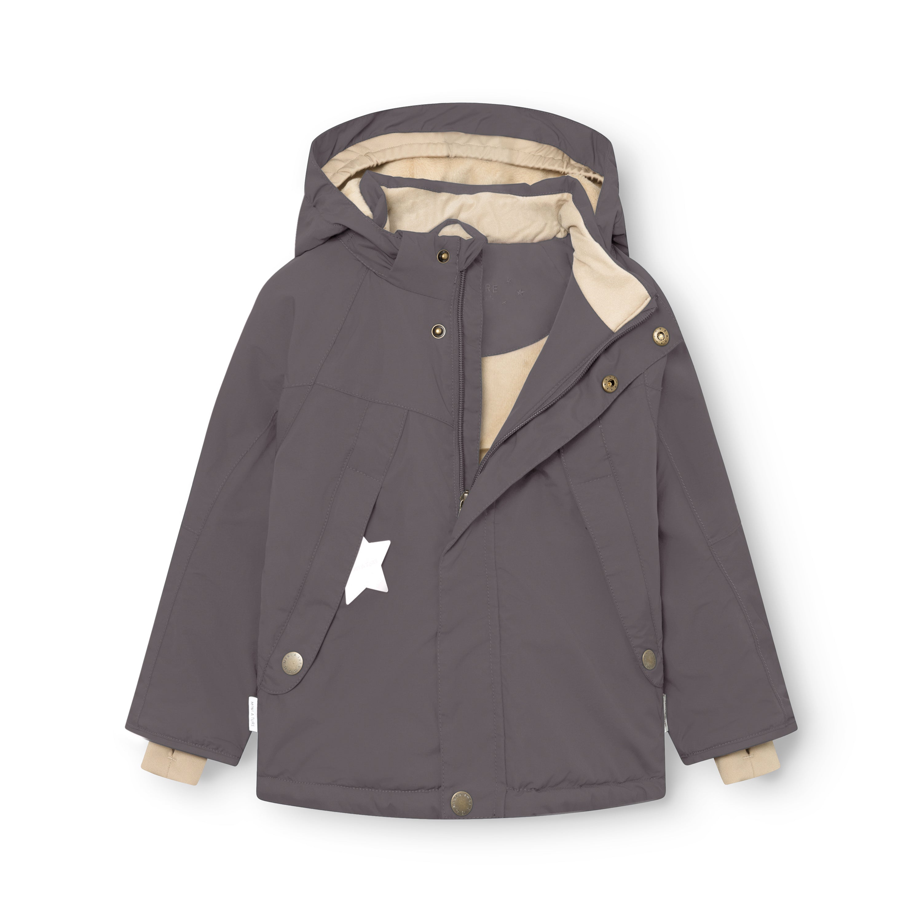 MATVALONSO boys' winter jacket in charcoal grey with the hood and front zip partially open, exposing the beige fleece lining, adjustable internal waist, THERMOLITE insulation and snap-button fastening system at the front placket.