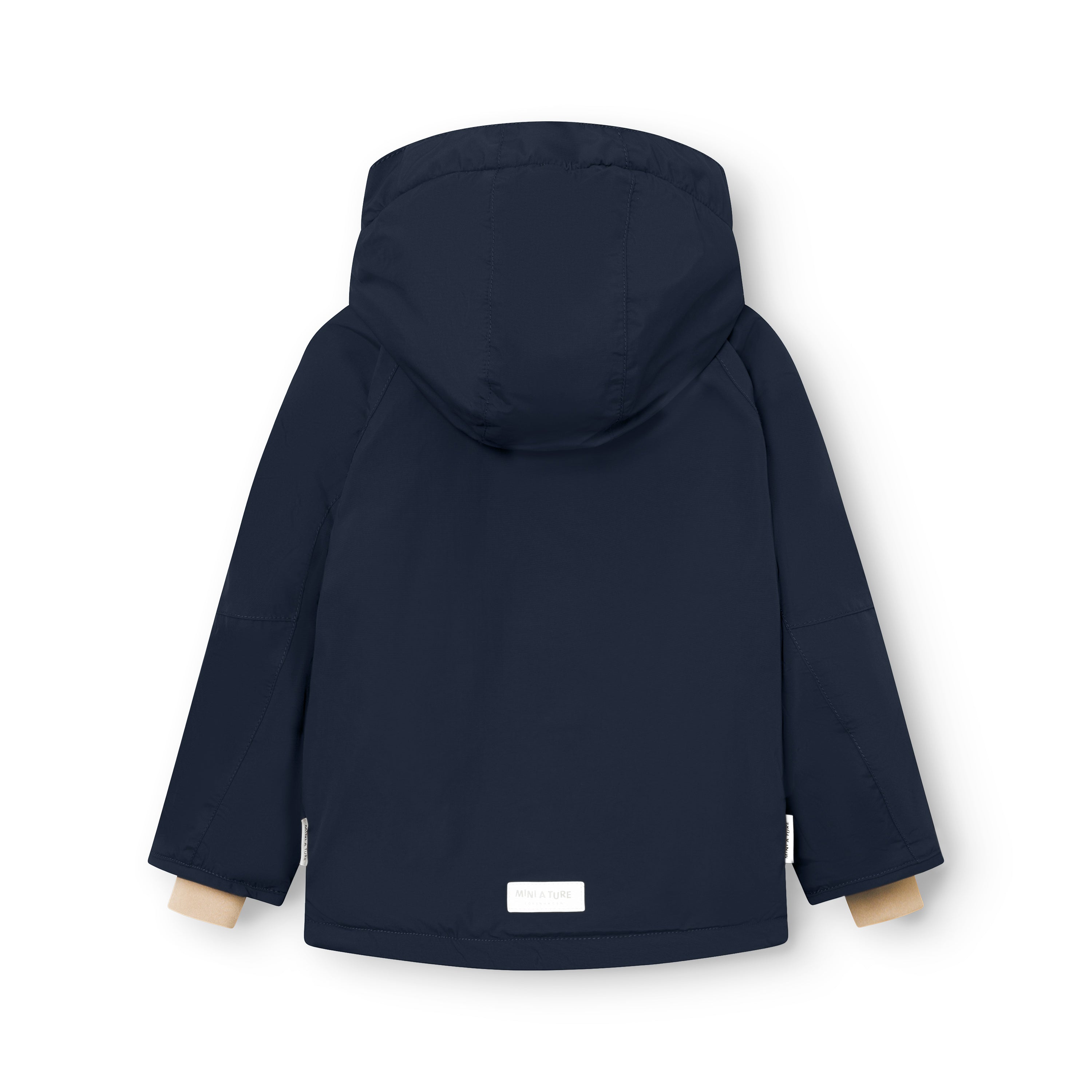 MATVALONSO boys' winter jacket in navy blue viewed from the back with the detachable hood fastened, showing the raglan sleeve construction, beige fleece lining visible at the cuffs and white MINI A TURE logo label at the lower hem.