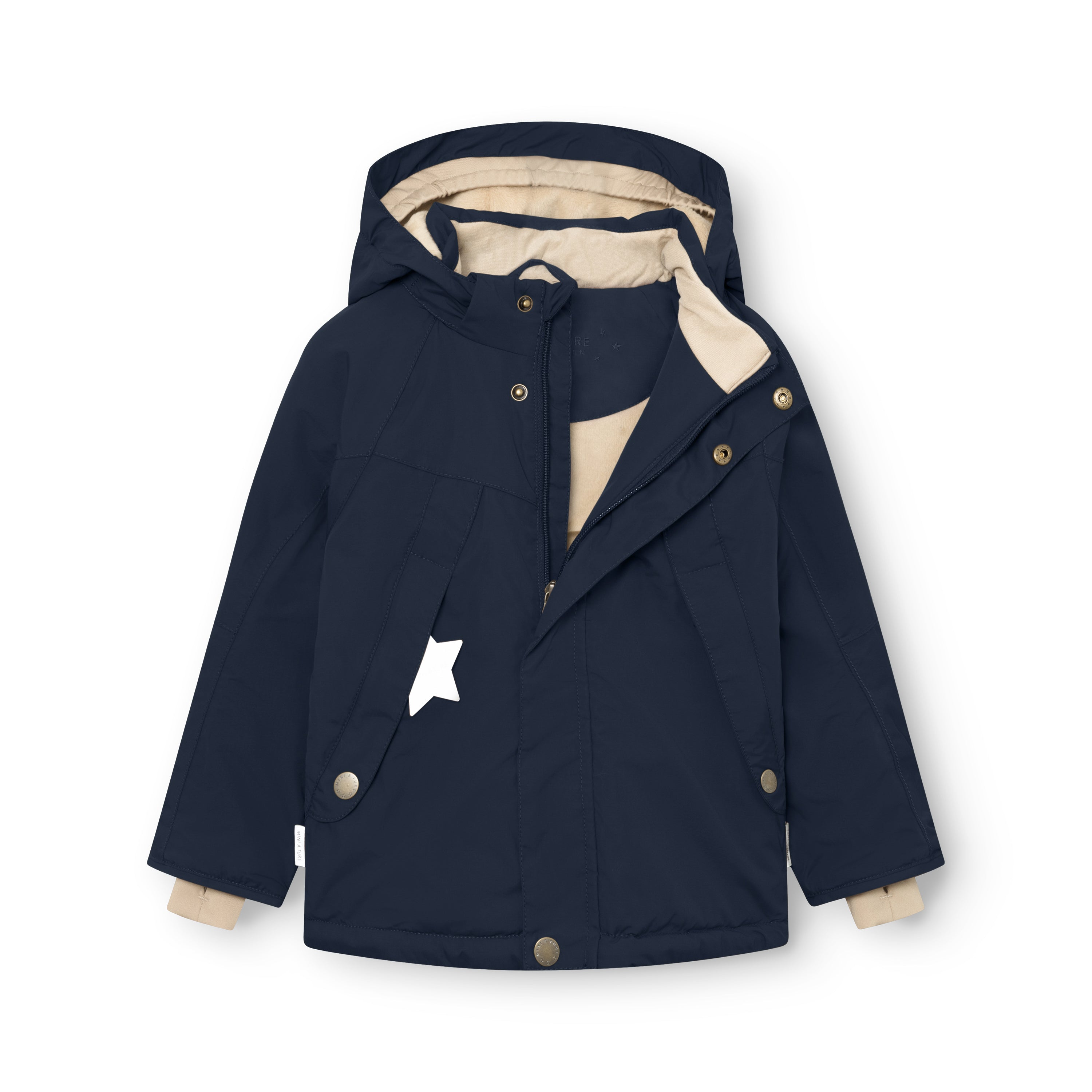 MATVALONSO boys' winter jacket in navy blue with the hidden centre-front zip and snap-button storm flap fully open, exposing the beige fleece lining inside the body and hood, oblique front pockets with snap fastenings and white reflective star on the left chest.